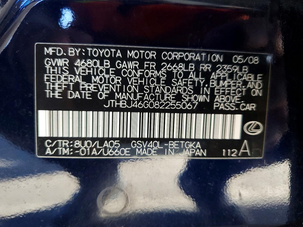 2008 Lexus Es 350 Blue vin: JTHBJ46G082255067