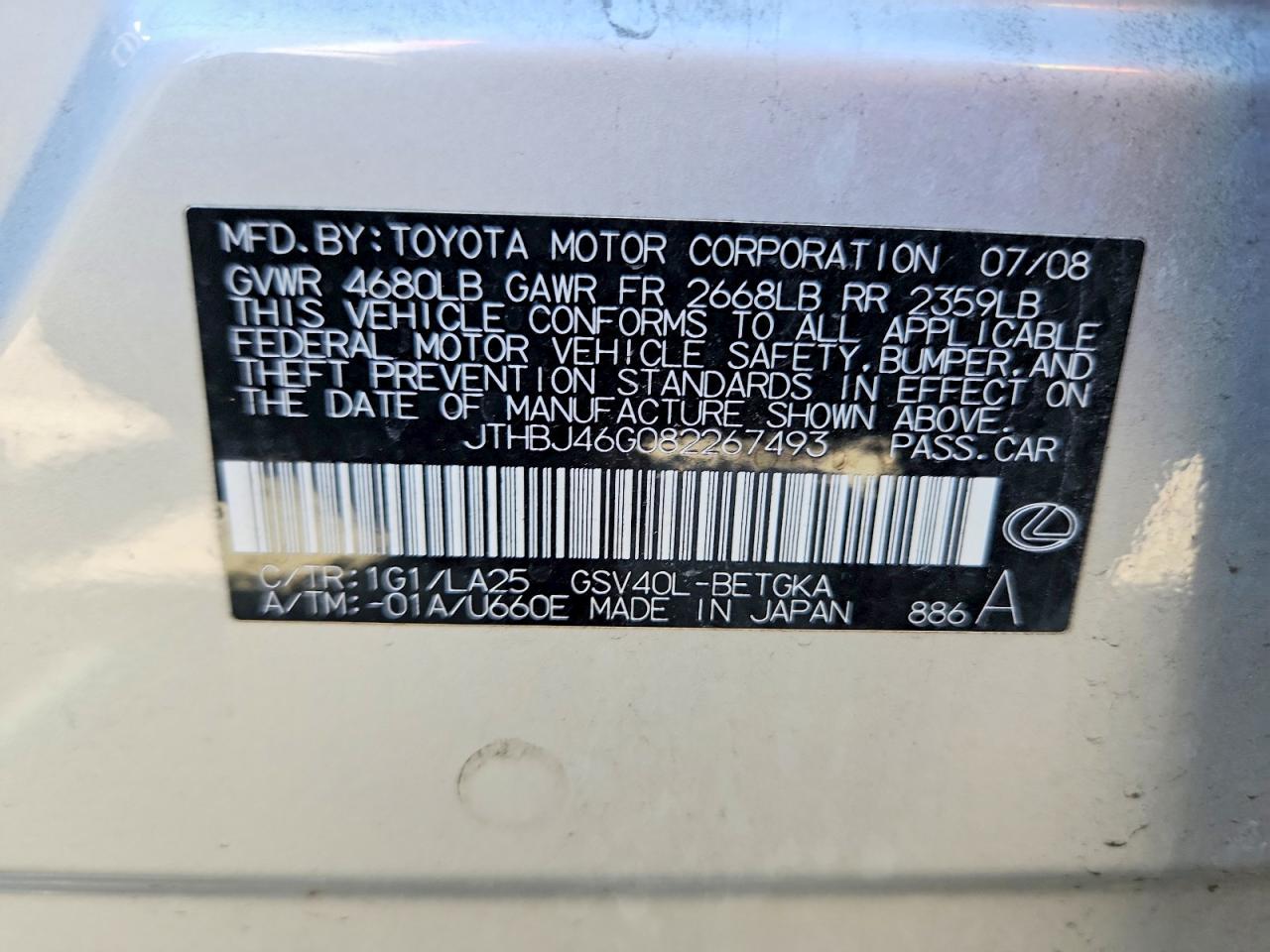 2008 Lexus Es 350 Silver vin: JTHBJ46G082267493