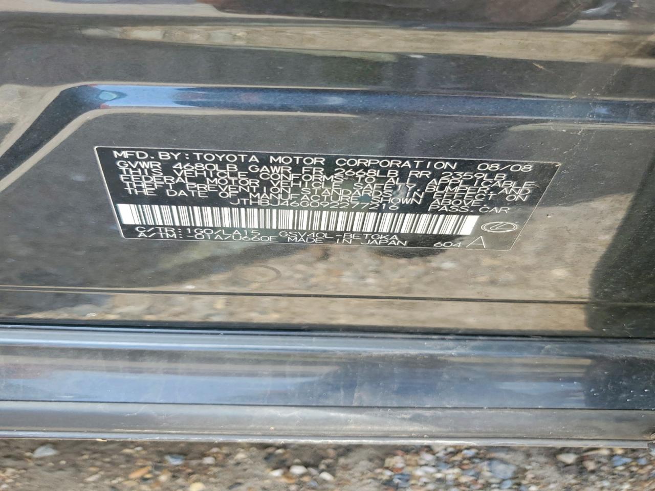2009 Lexus Es 350 Угольный vin: JTHBJ46G092277216