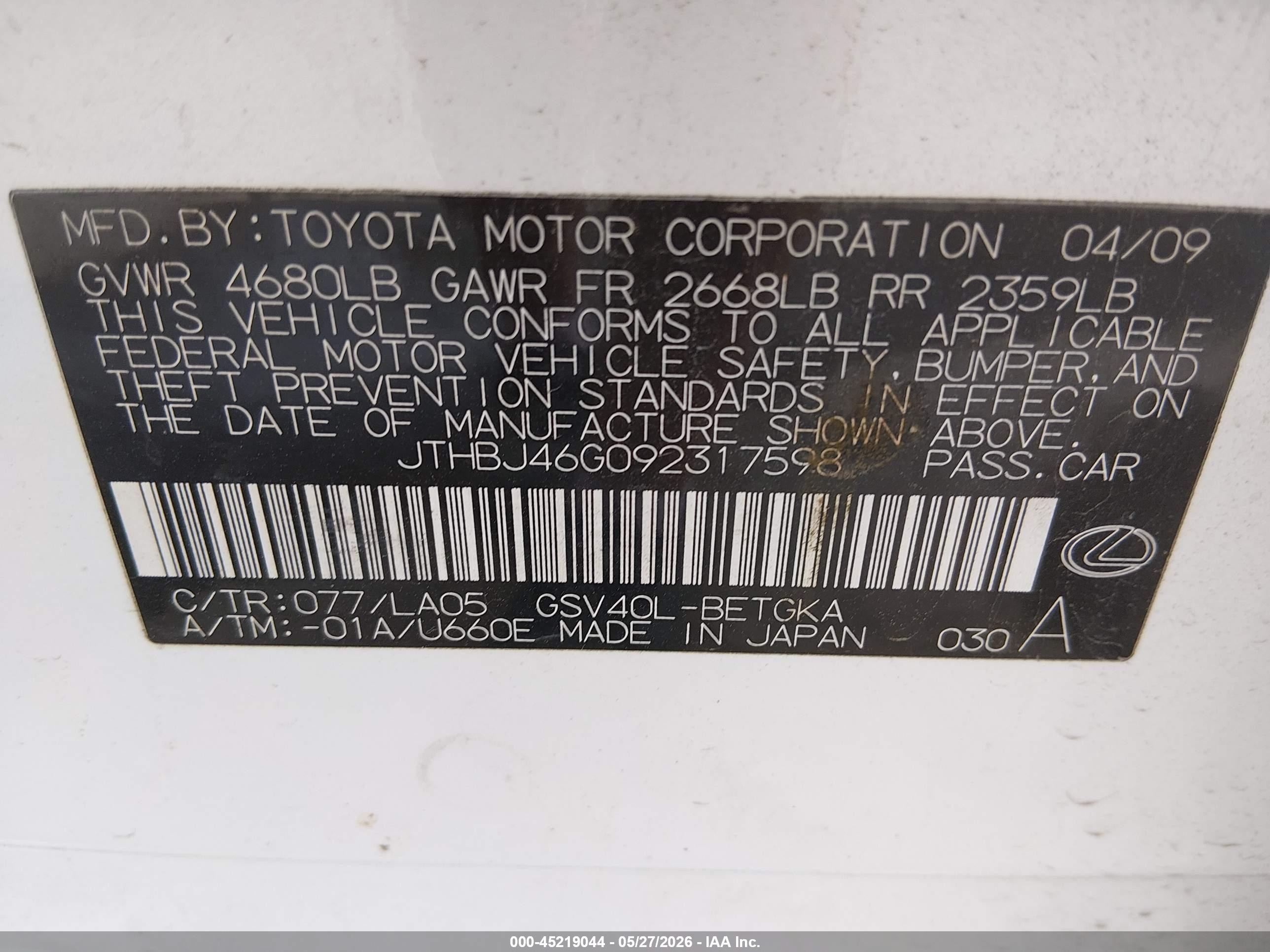 2009 Lexus Es 350 White vin: JTHBJ46G092317598
