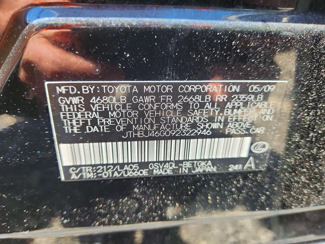 2009 Lexus Es 350 Черный vin: JTHBJ46G092322946