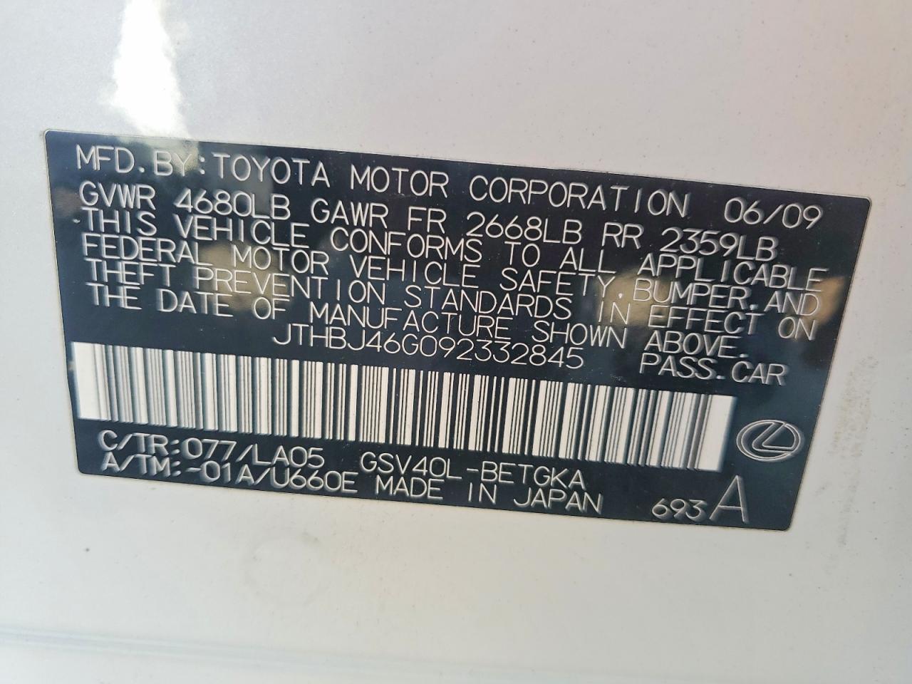 2009 Lexus Es 350 White vin: JTHBJ46G092332845