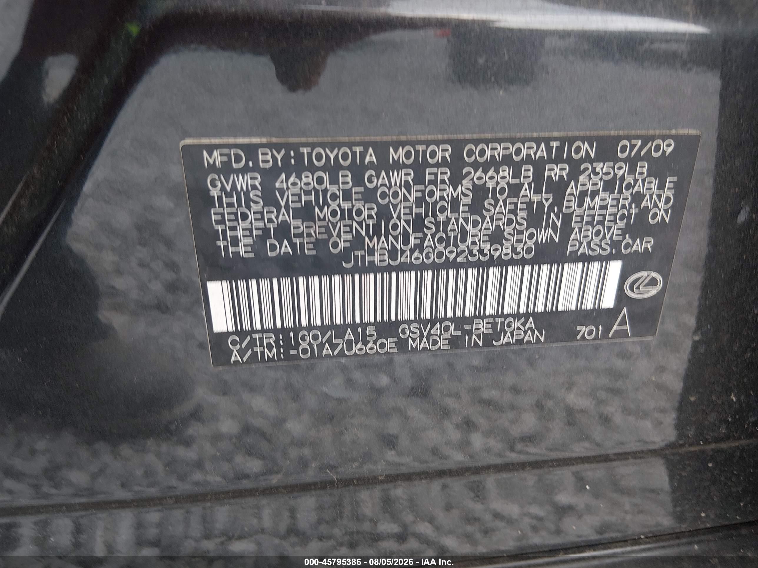 2009 Lexus Es 350   Black vin: JTHBJ46G092339830