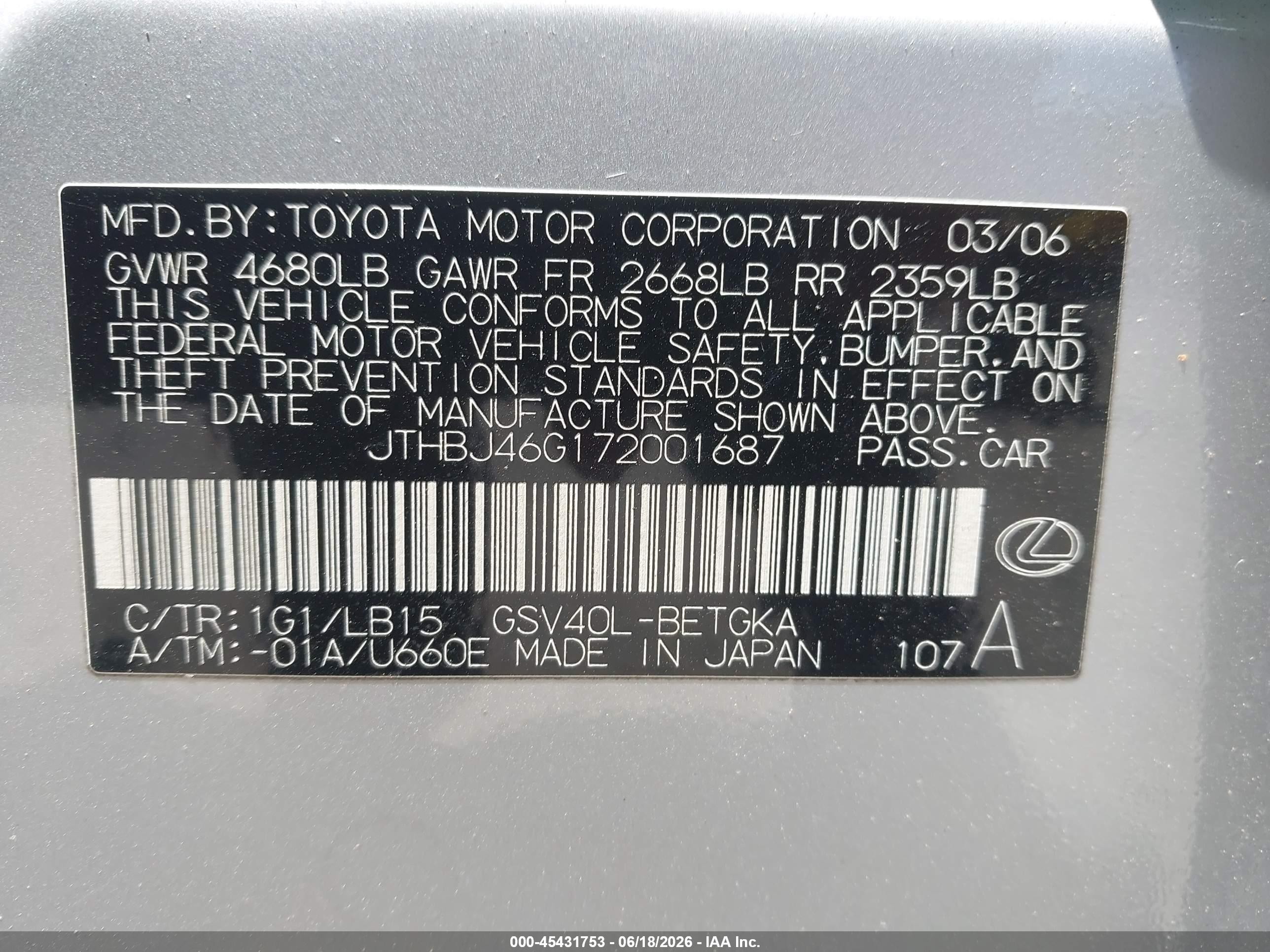 2007 Lexus Es 350 Silver vin: JTHBJ46G172001687