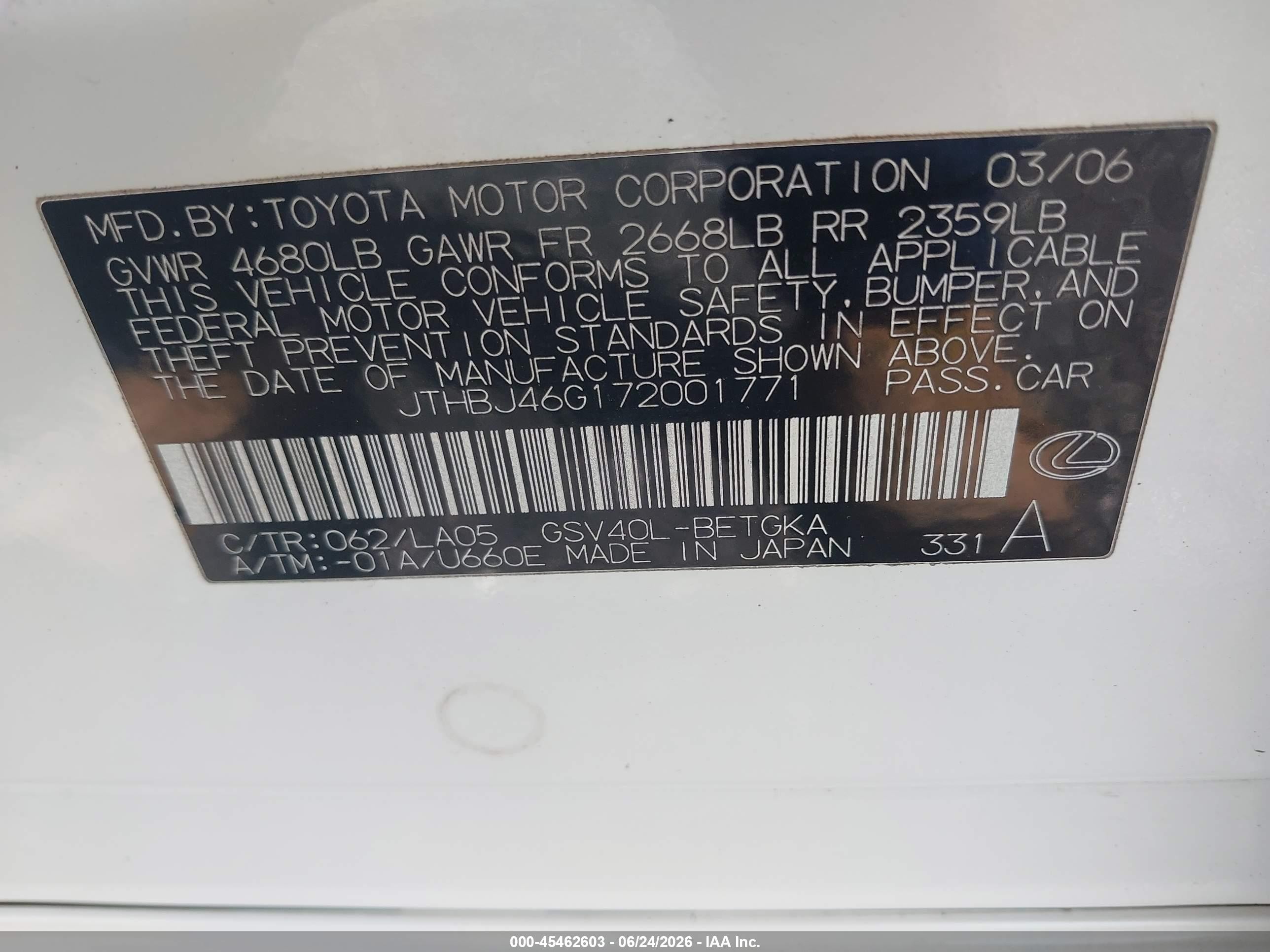 2007 Lexus Es 350   Белый vin: JTHBJ46G172001771