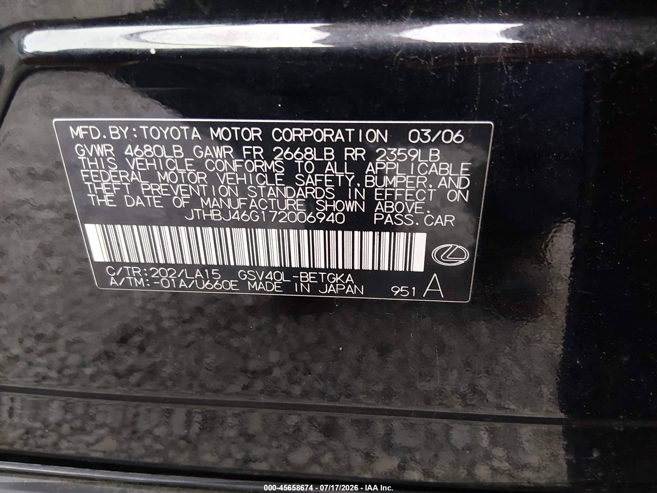 2007 Lexus Es 350   Черный vin: JTHBJ46G172006940