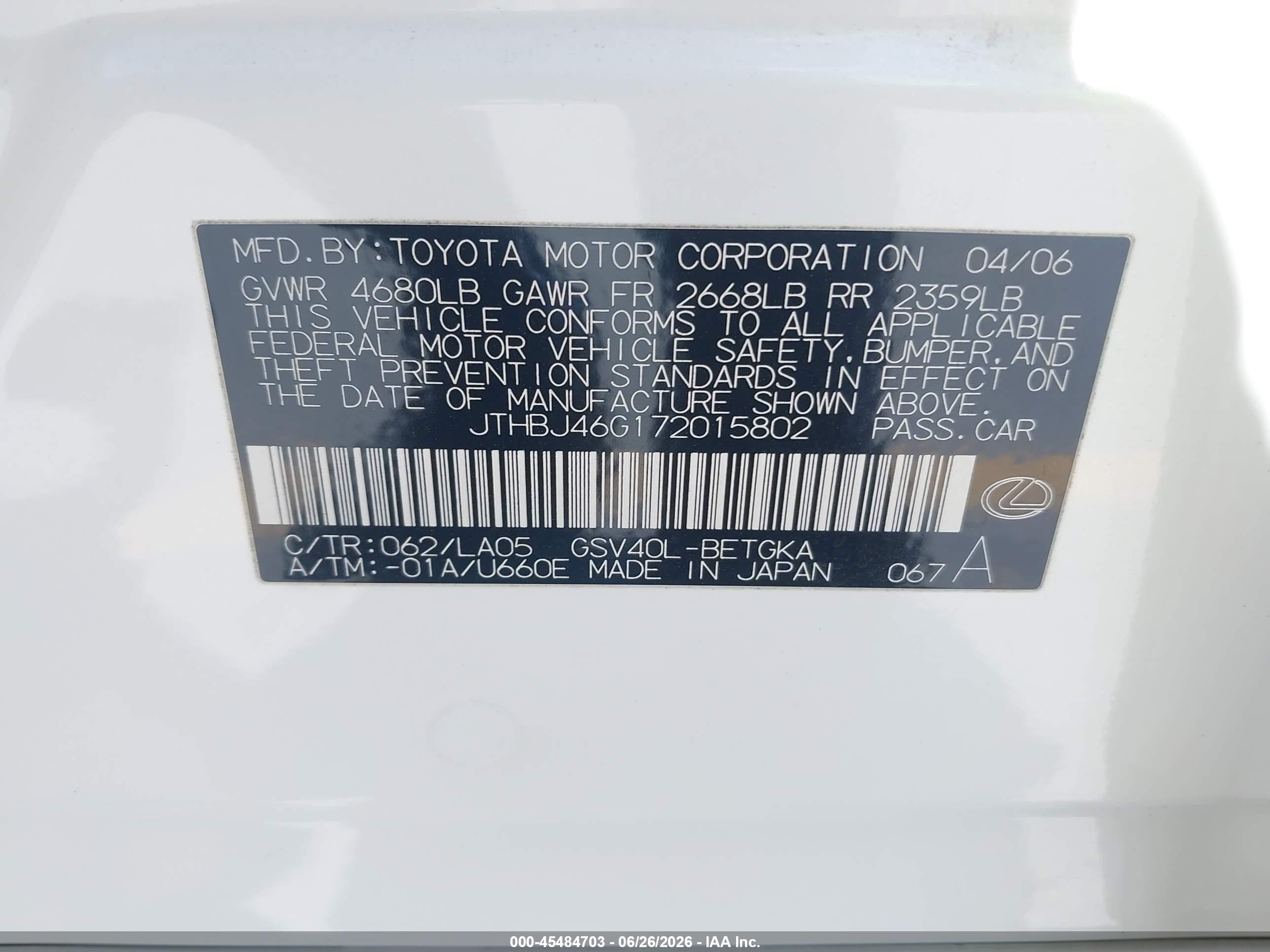 2007 Lexus Es 350   White vin: JTHBJ46G172015802