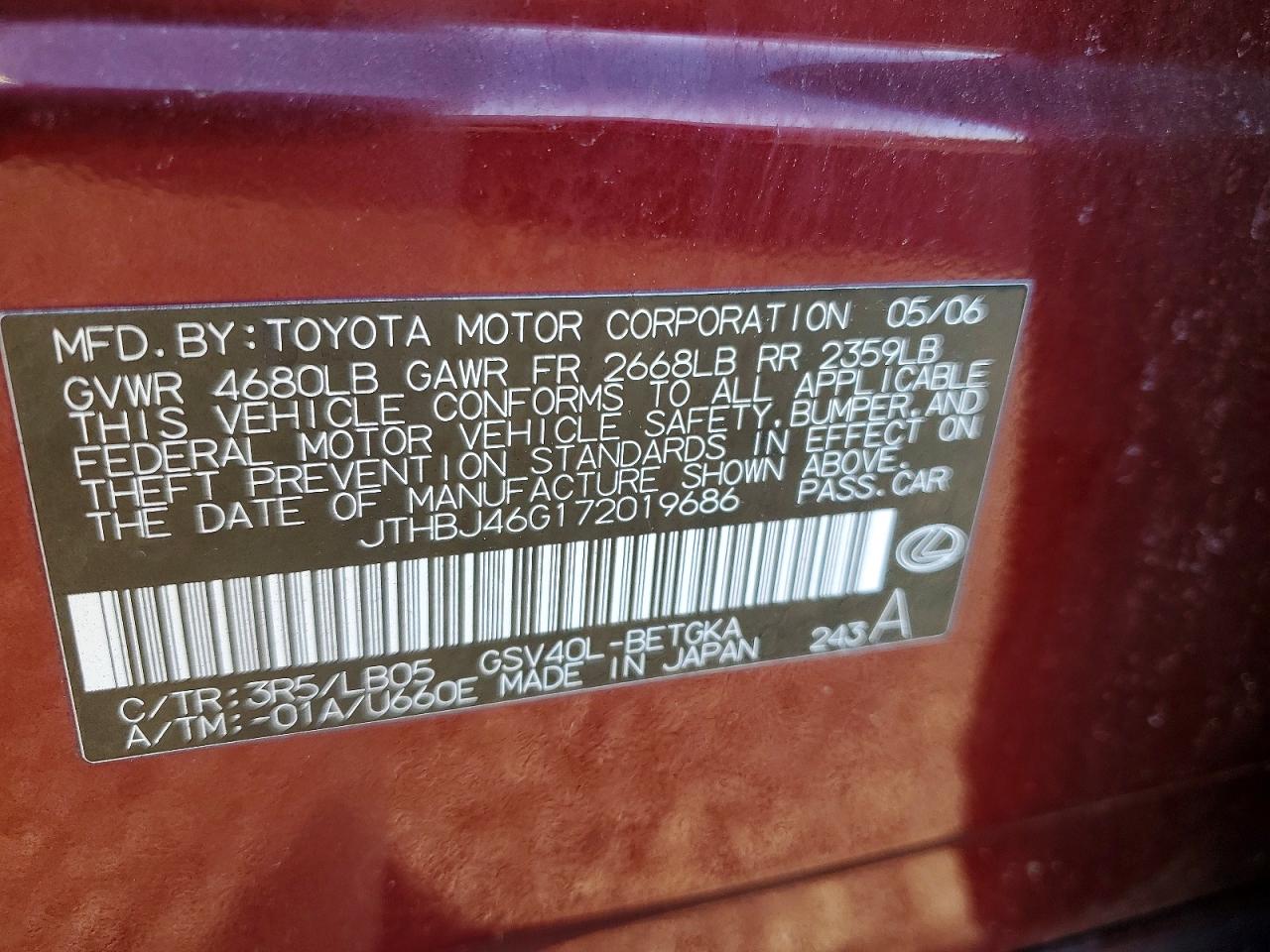 2007 Lexus Es 350 Бордовый vin: JTHBJ46G172019686