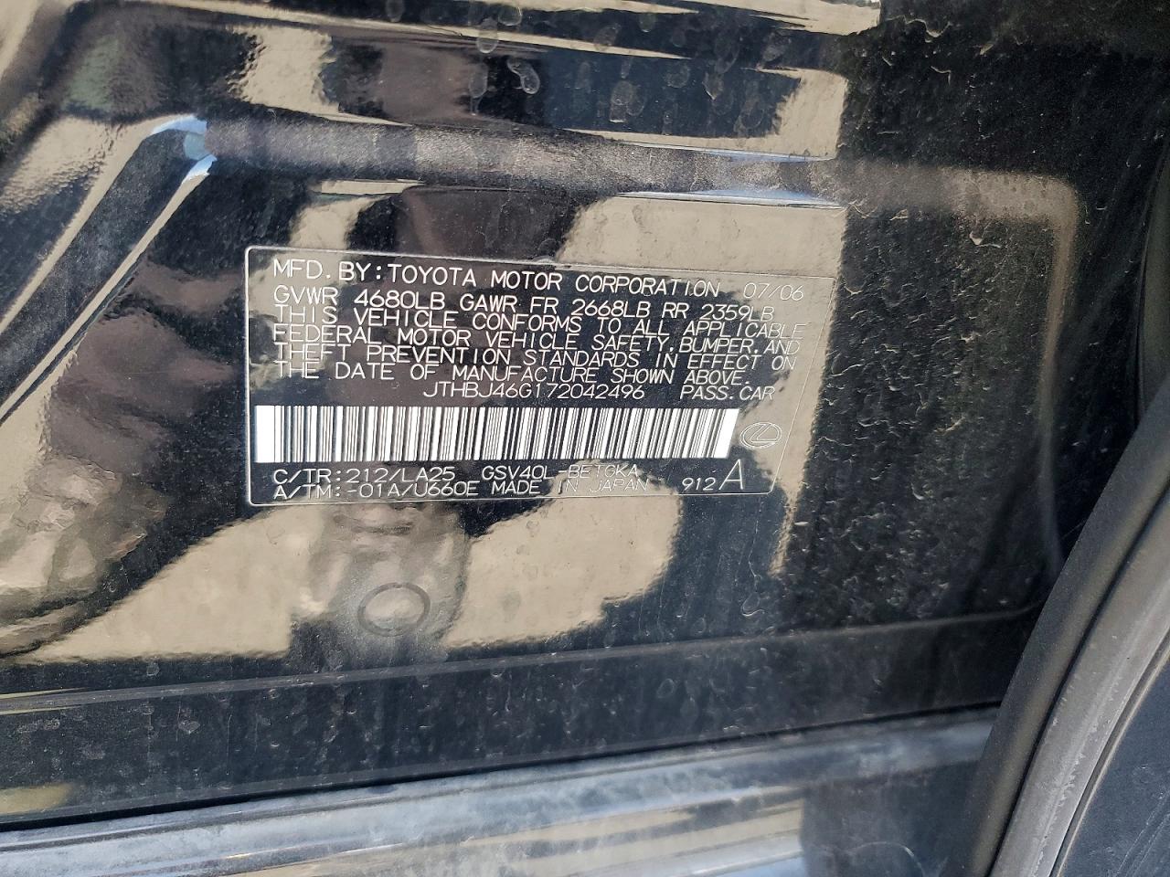 2007 Lexus Es 350 Черный vin: JTHBJ46G172042496