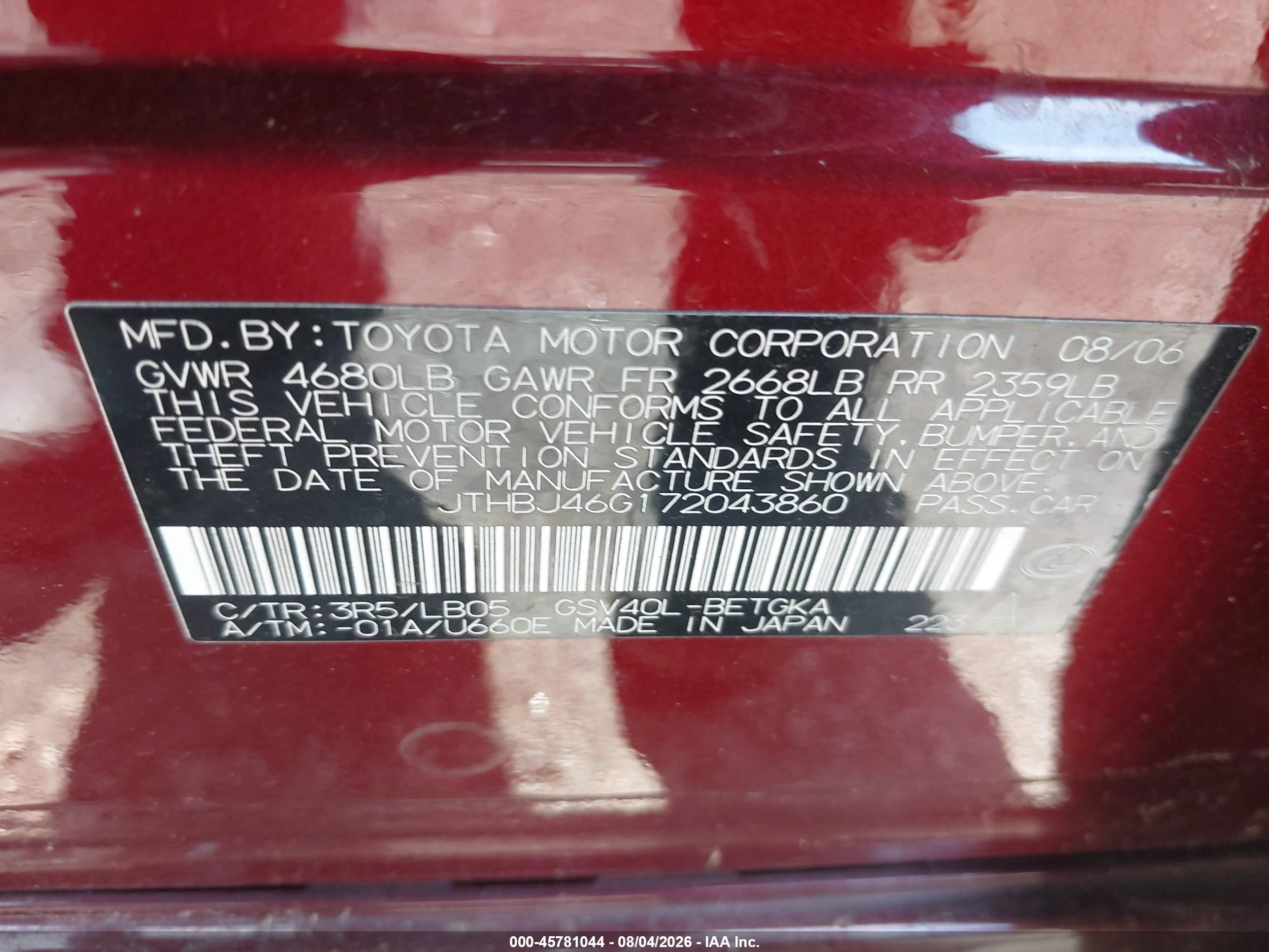 2007 Lexus Es 350   Burgundy vin: JTHBJ46G172043860