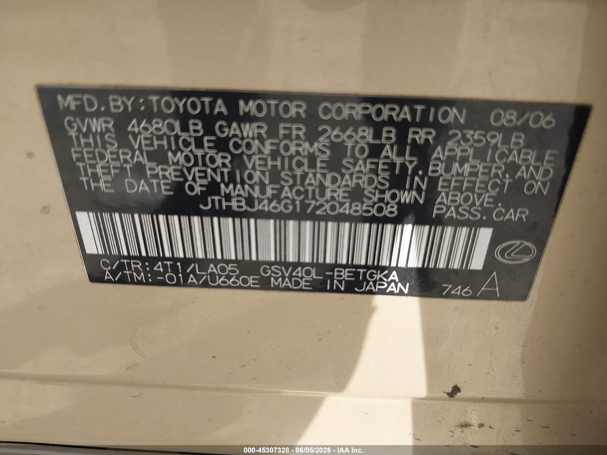 2007 Lexus Es 350   Gold vin: JTHBJ46G172048508