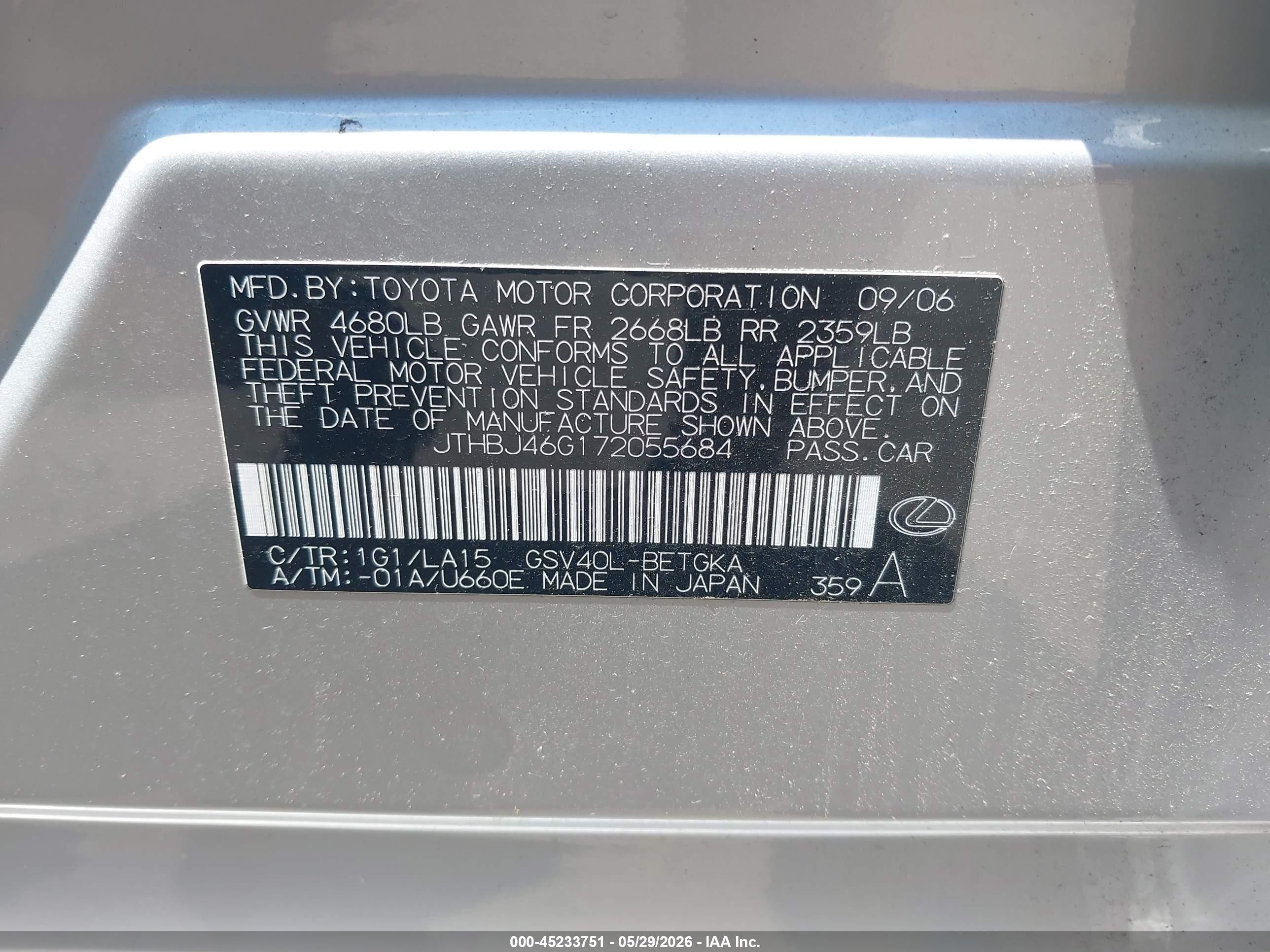 2007 Lexus Es 350   Silver vin: JTHBJ46G172055684