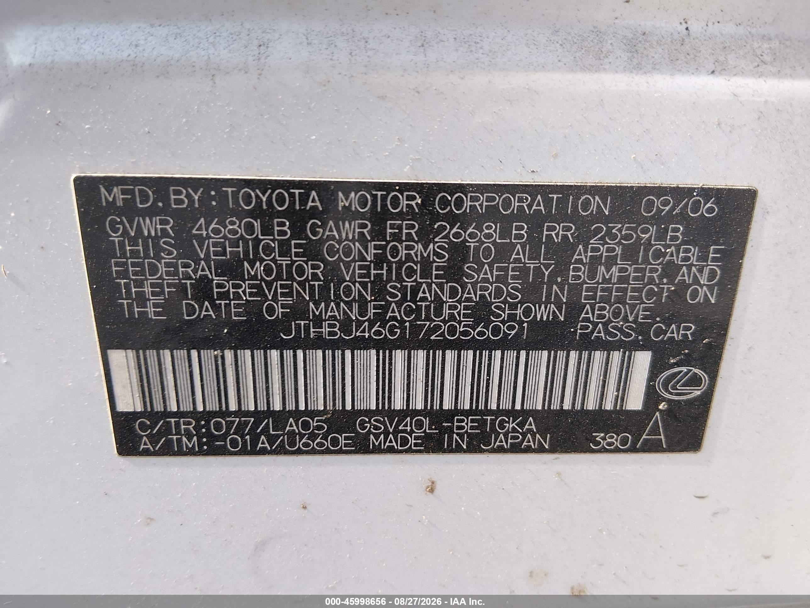 2007 Lexus Es 350   Белый vin: JTHBJ46G172056091