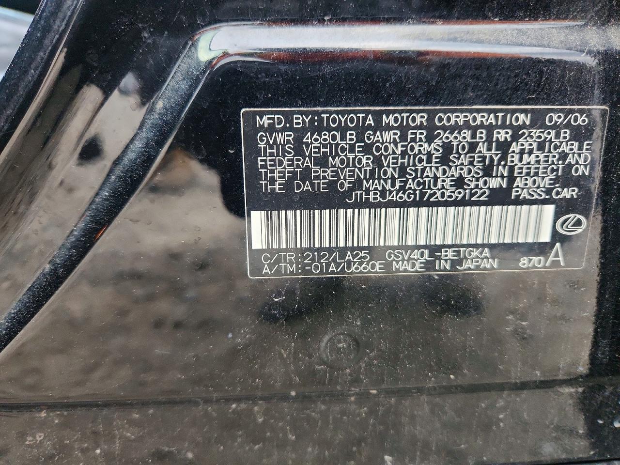 2007 Lexus Es 350 Black vin: JTHBJ46G172059122