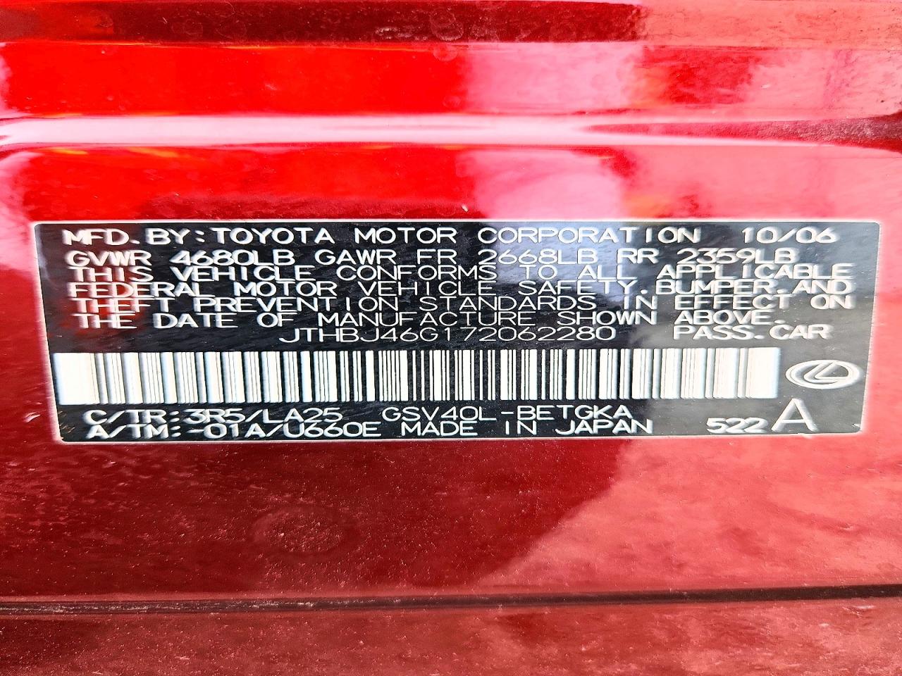 2007 Lexus Es 350 Burgundy vin: JTHBJ46G172062280