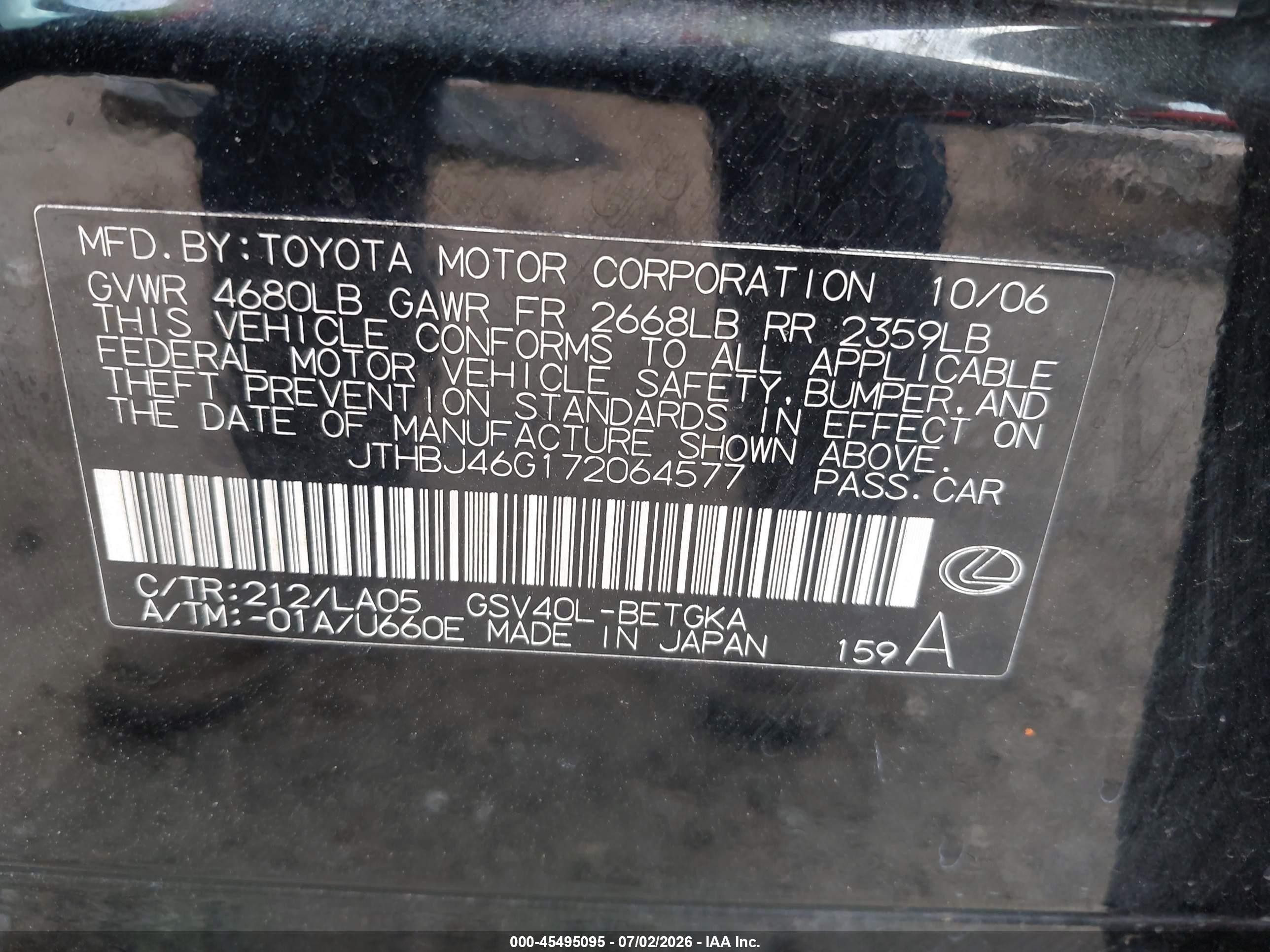 2007 Lexus Es 350   Black vin: JTHBJ46G172064577