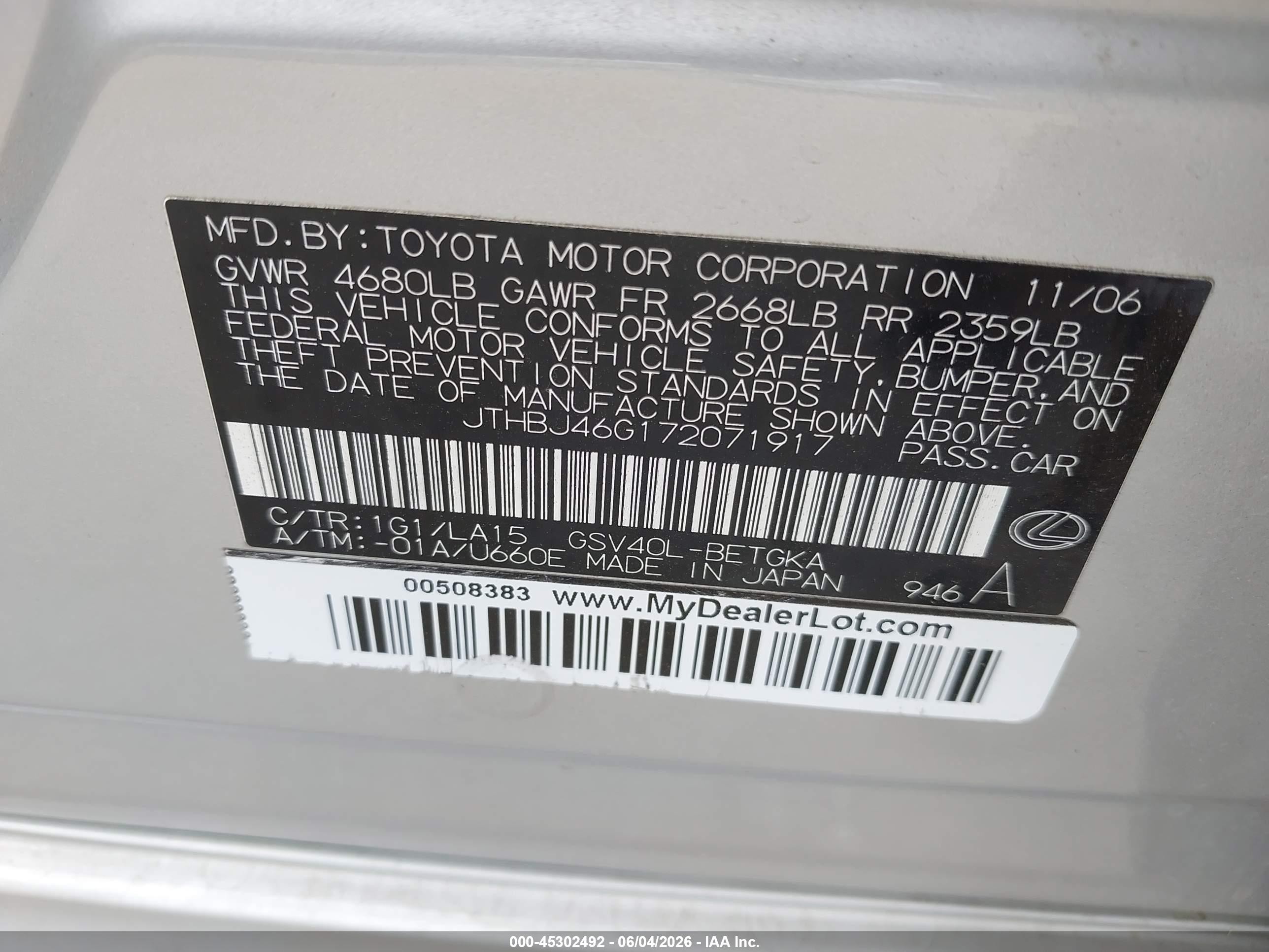2007 Lexus Es 350 Silver vin: JTHBJ46G172071917