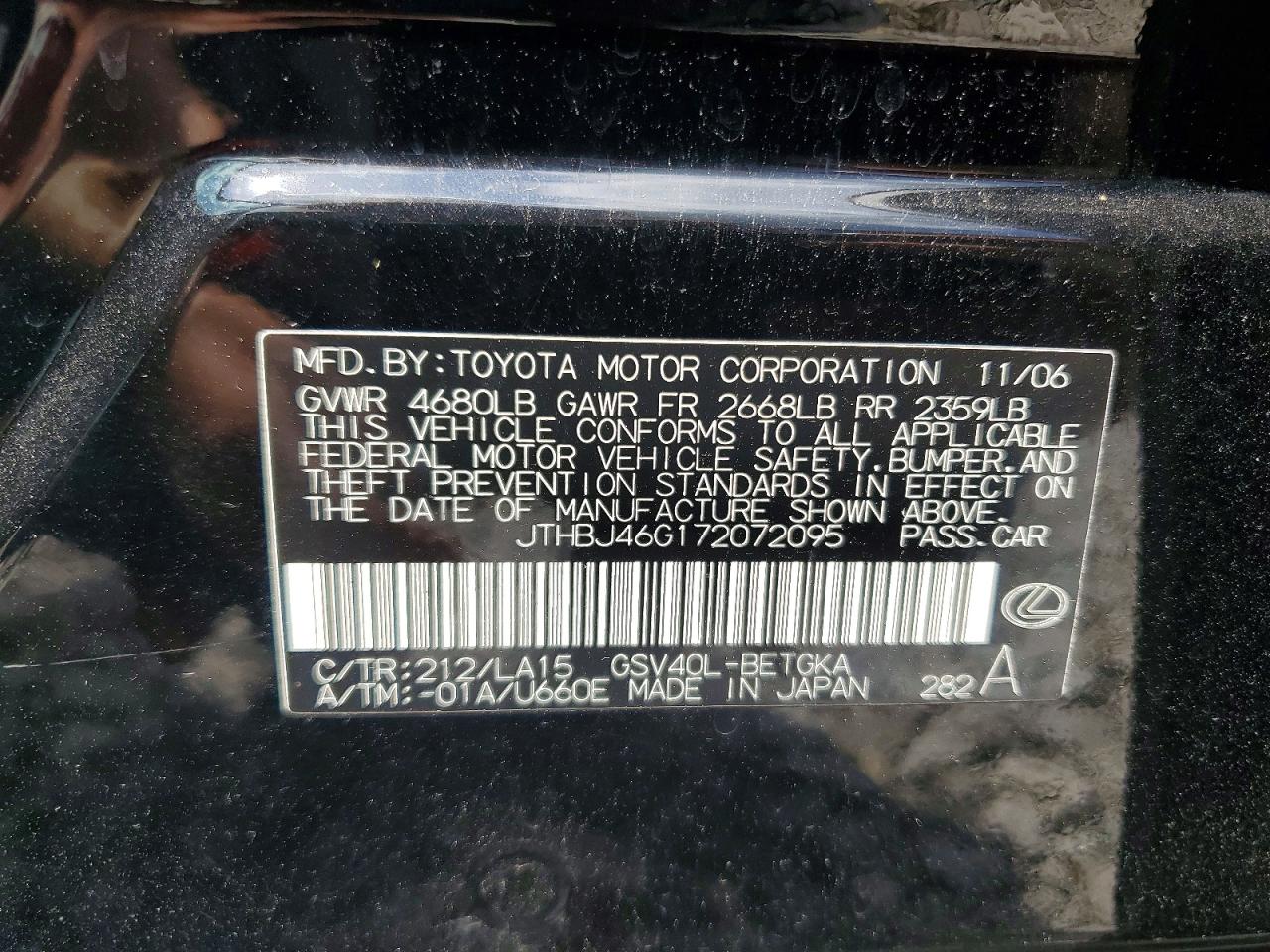2007 Lexus Es 350 Black vin: JTHBJ46G172072095