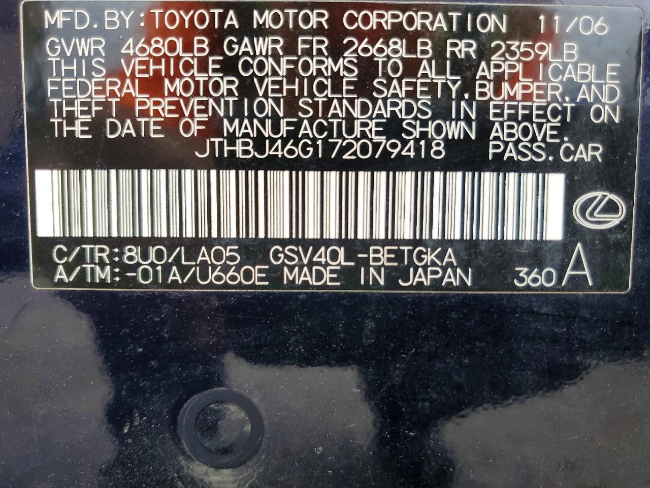 2007 Lexus Es 350 Blue vin: JTHBJ46G172079418