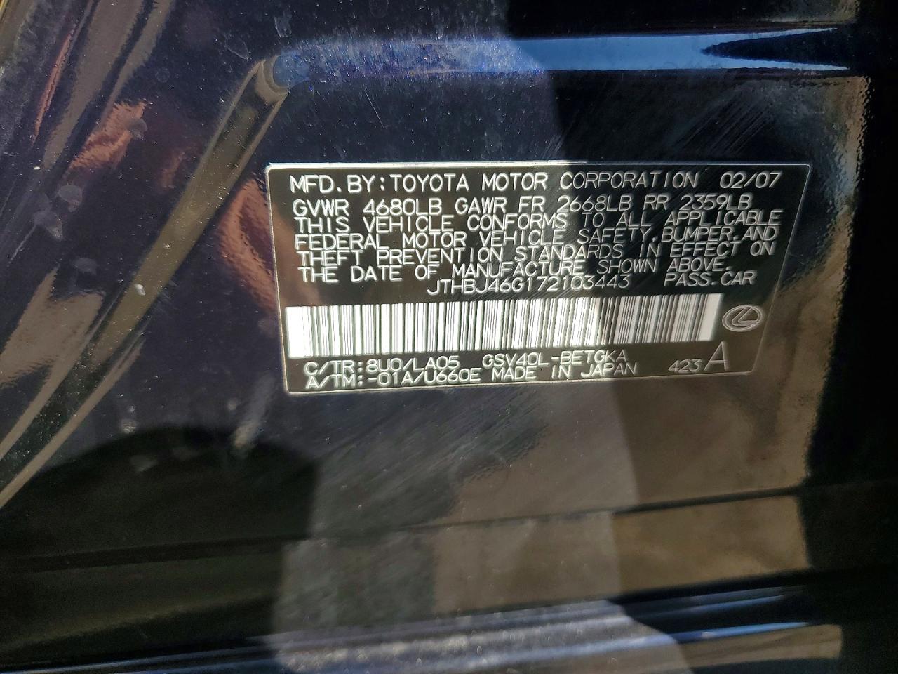 2007 Lexus Es 350 Black vin: JTHBJ46G172103443