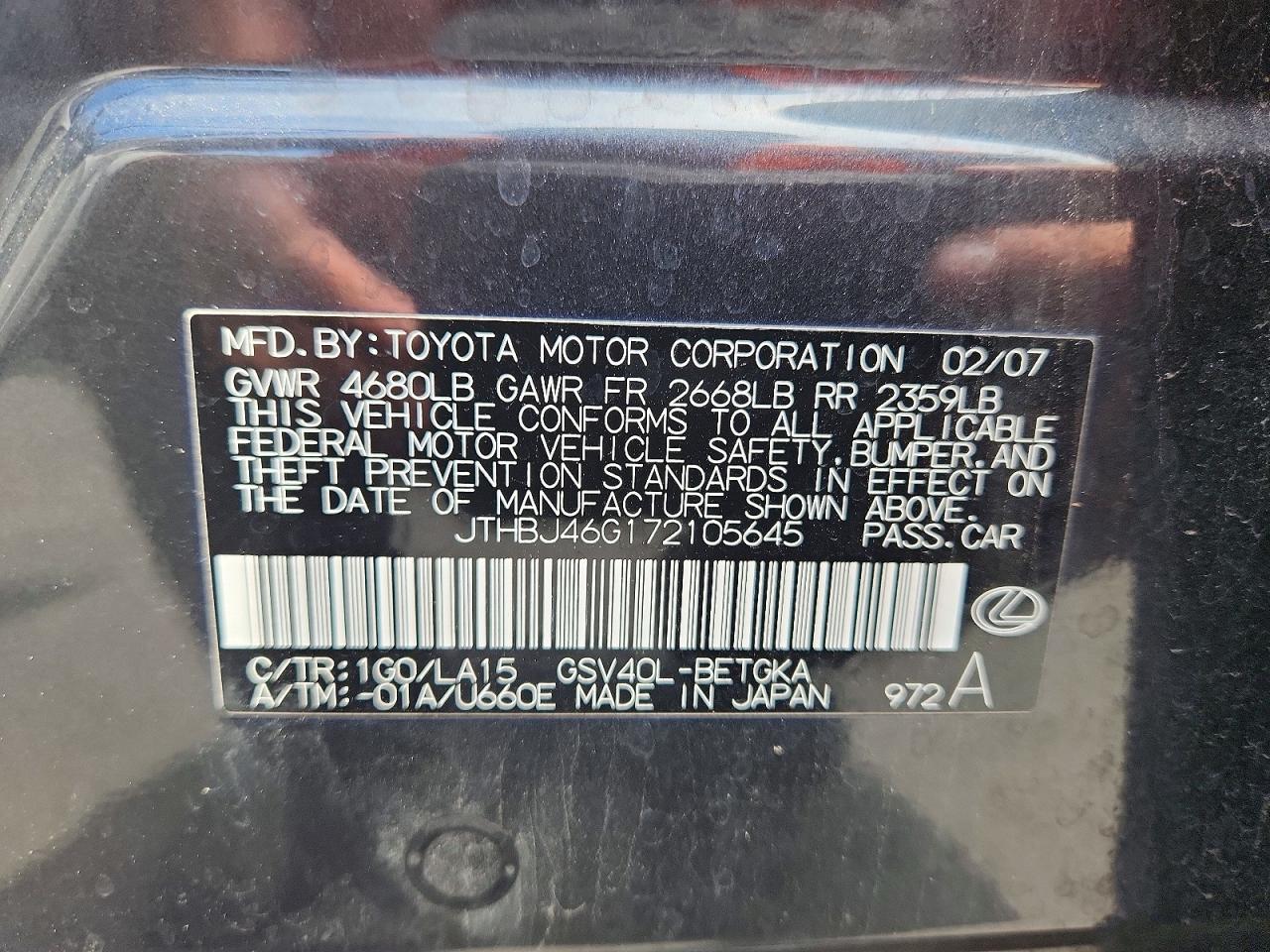 2007 Lexus Es 350 Black vin: JTHBJ46G172105645