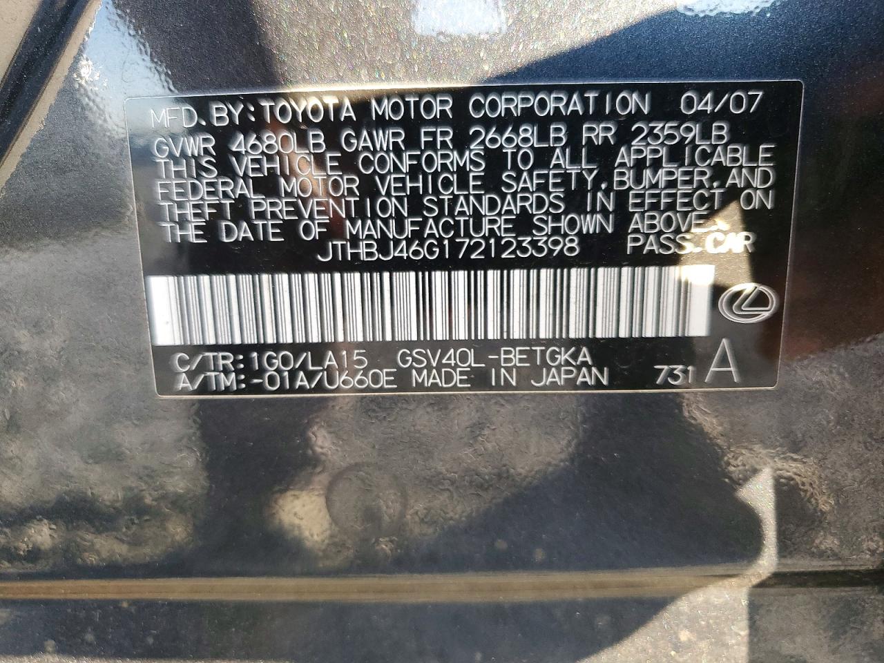 2007 Lexus Es 350 Gray vin: JTHBJ46G172123398