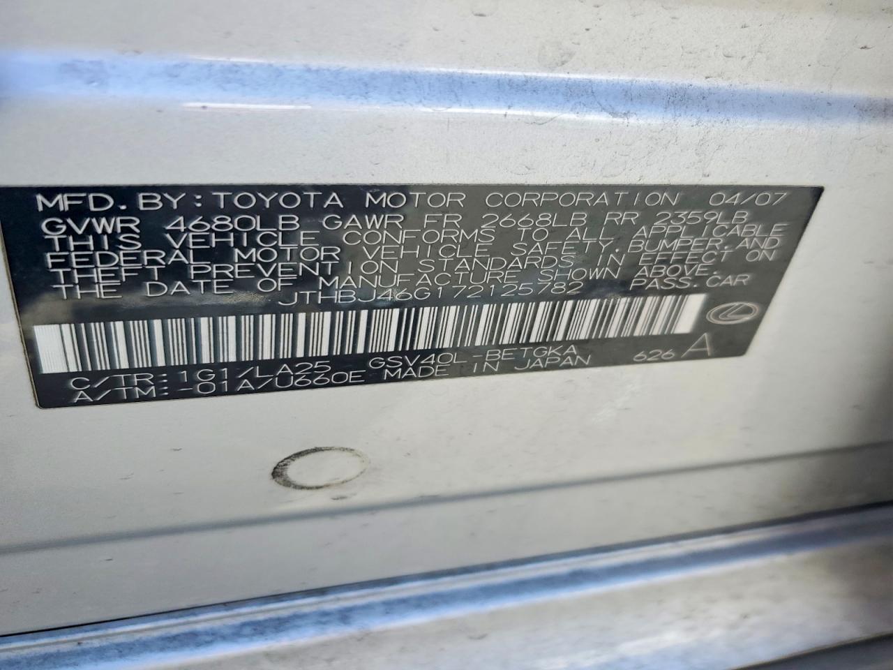 2007 Lexus Es 350 Silver vin: JTHBJ46G172125782