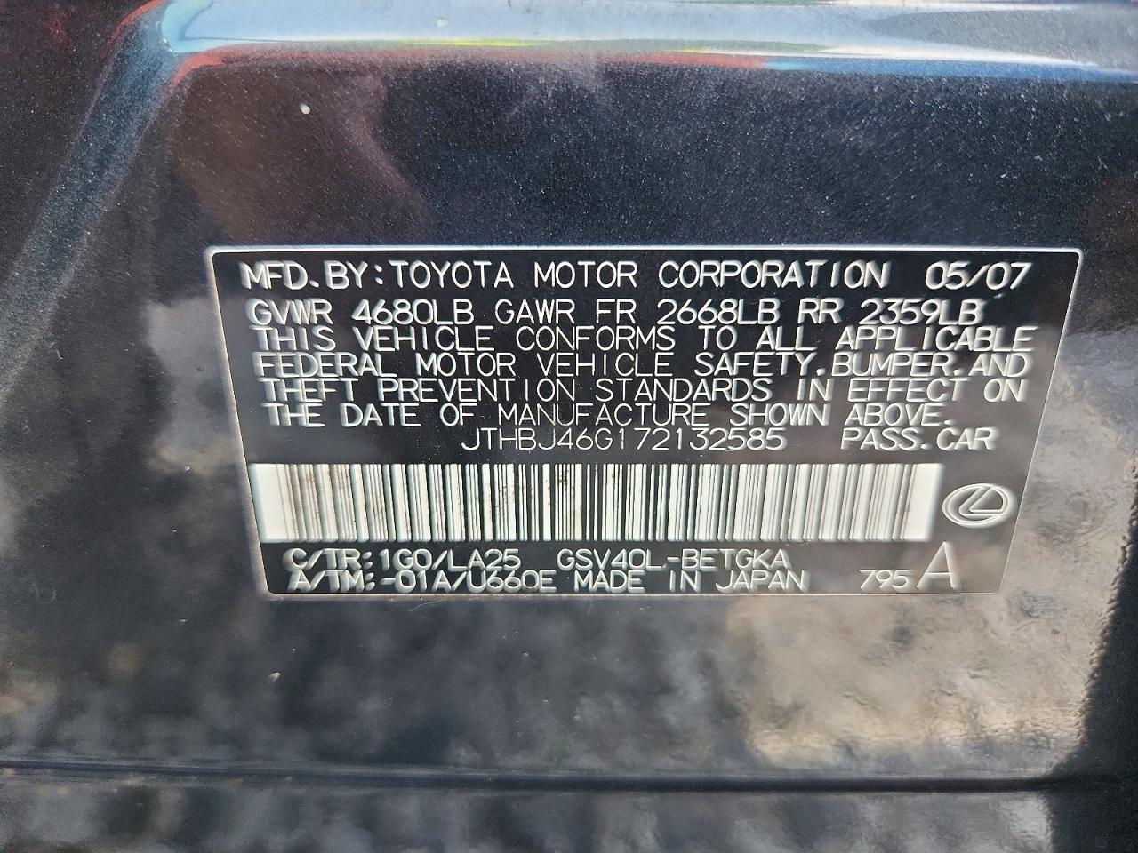 2007 Lexus Es 350 Gray vin: JTHBJ46G172132585