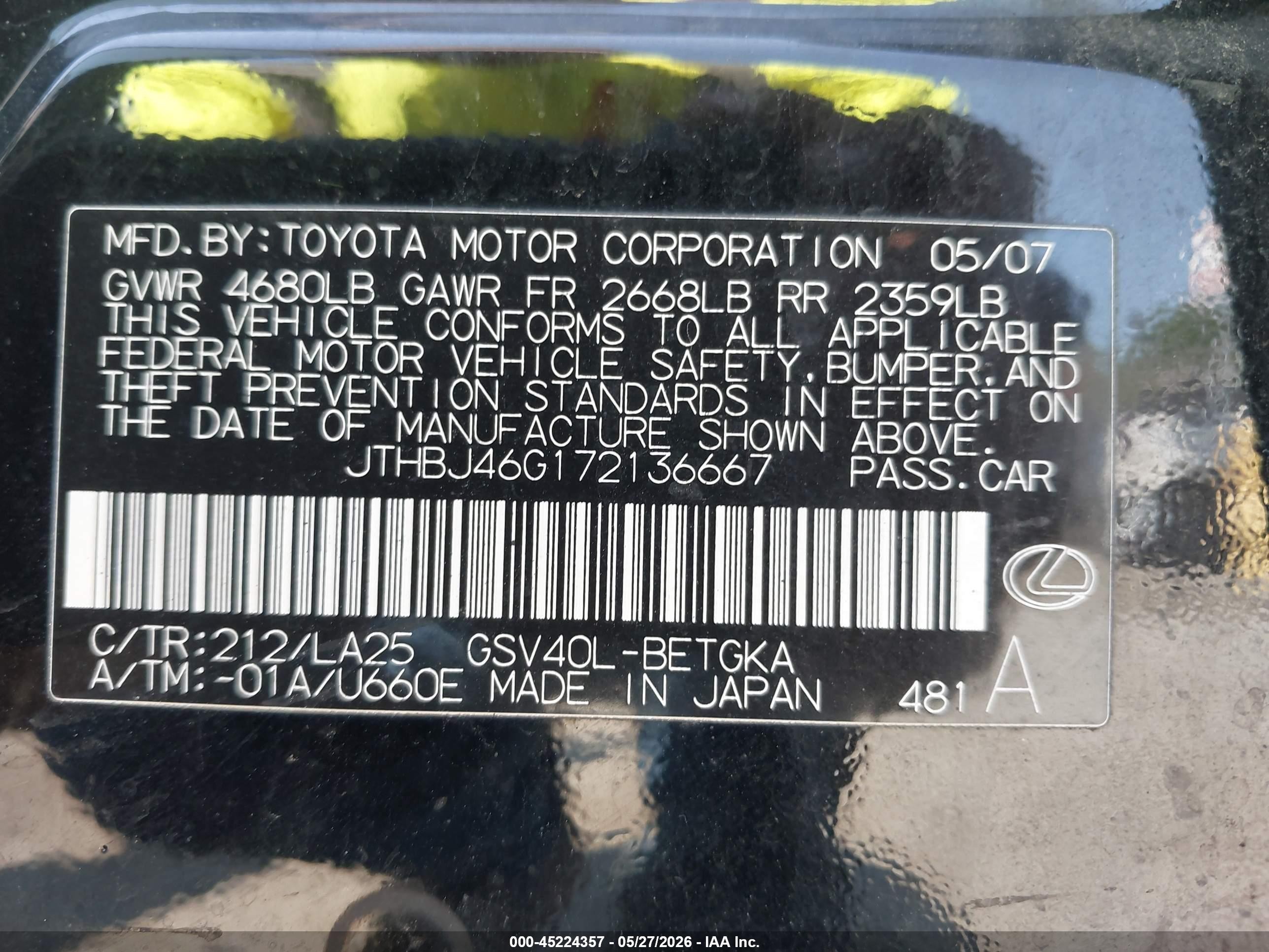 2007 Lexus Es 350   Black vin: JTHBJ46G172136667