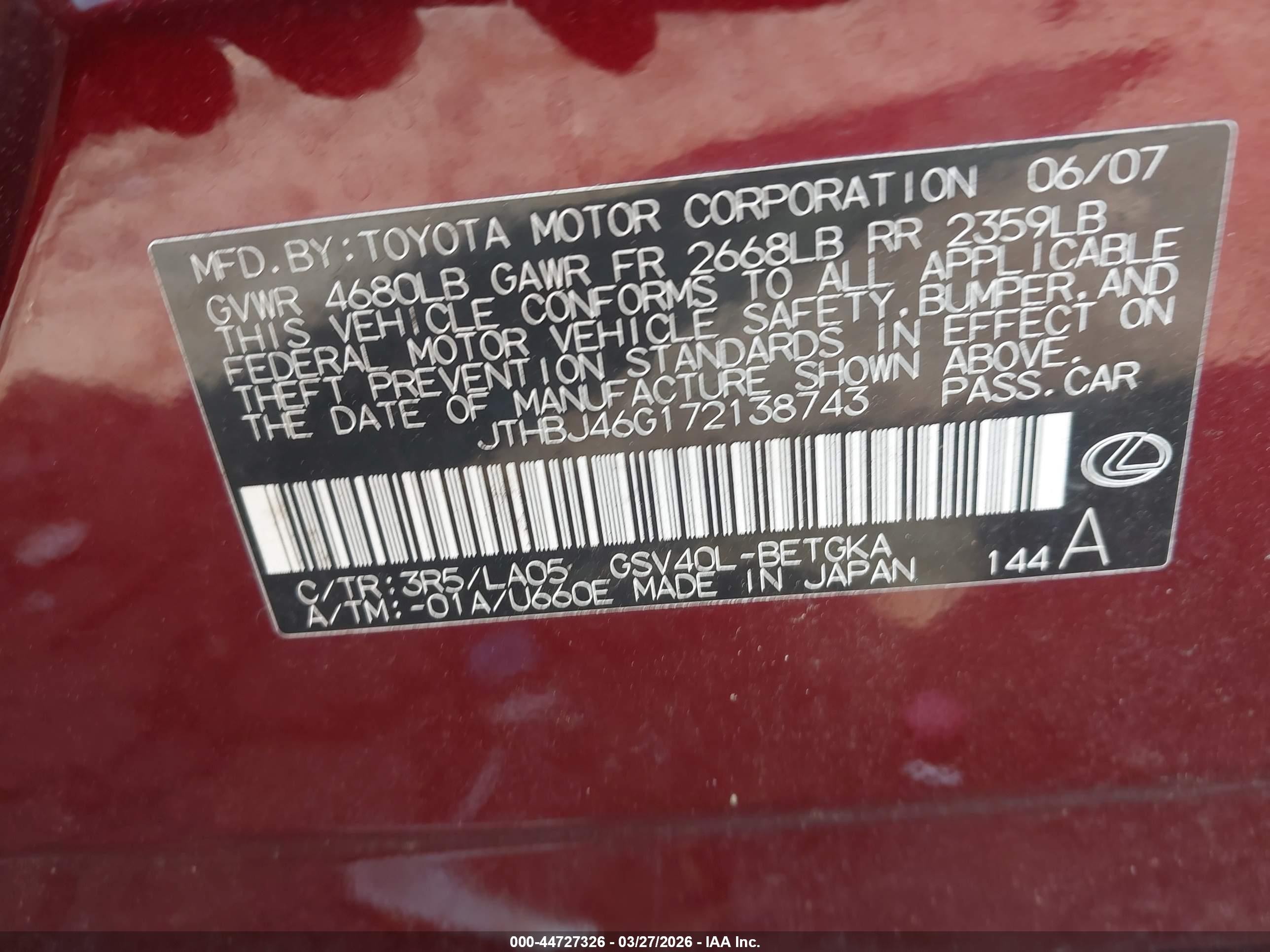 2007 Lexus Es 350   Бордовый vin: JTHBJ46G172138743