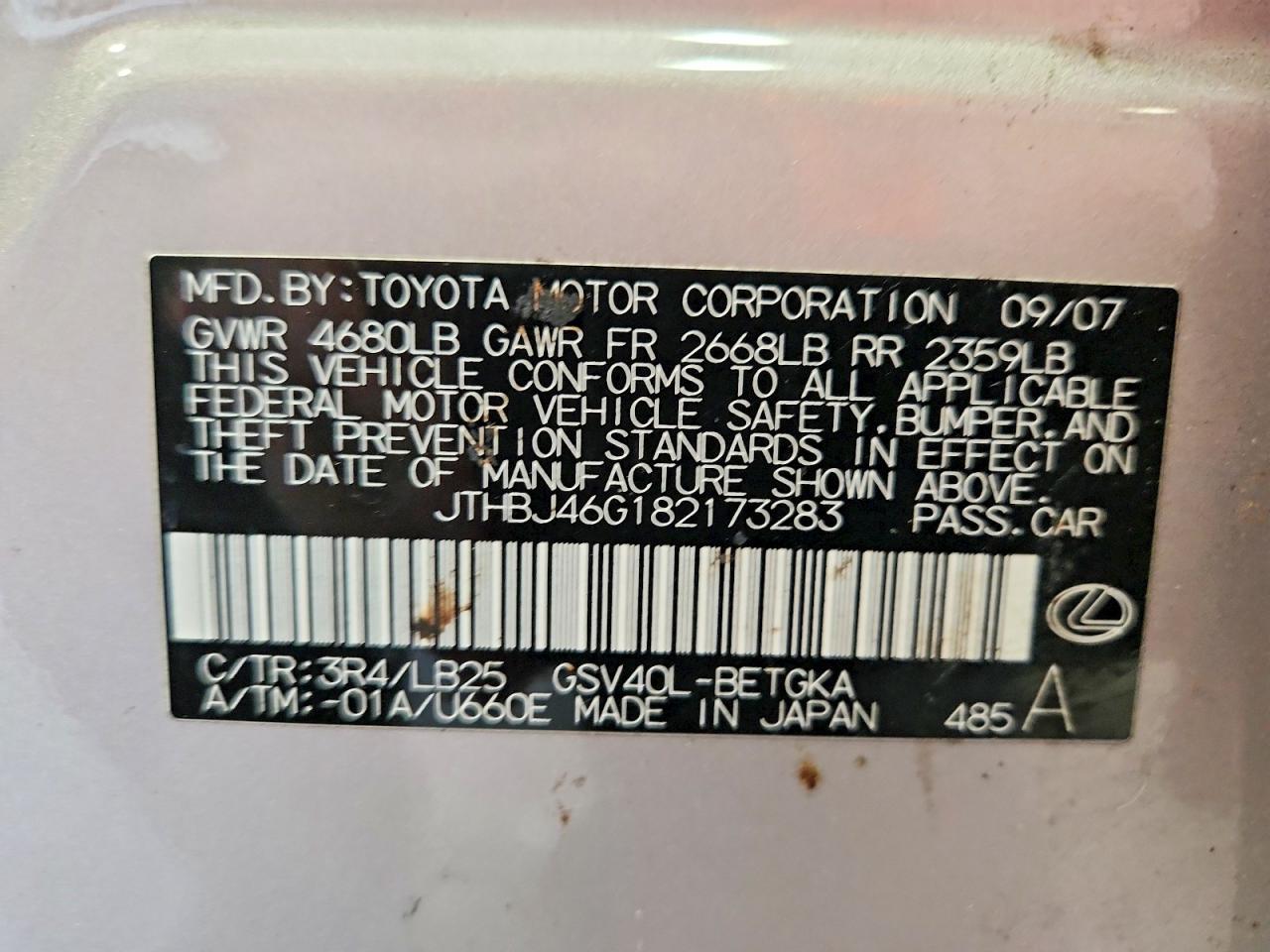2008 Lexus Es 350 Silver vin: JTHBJ46G182173283