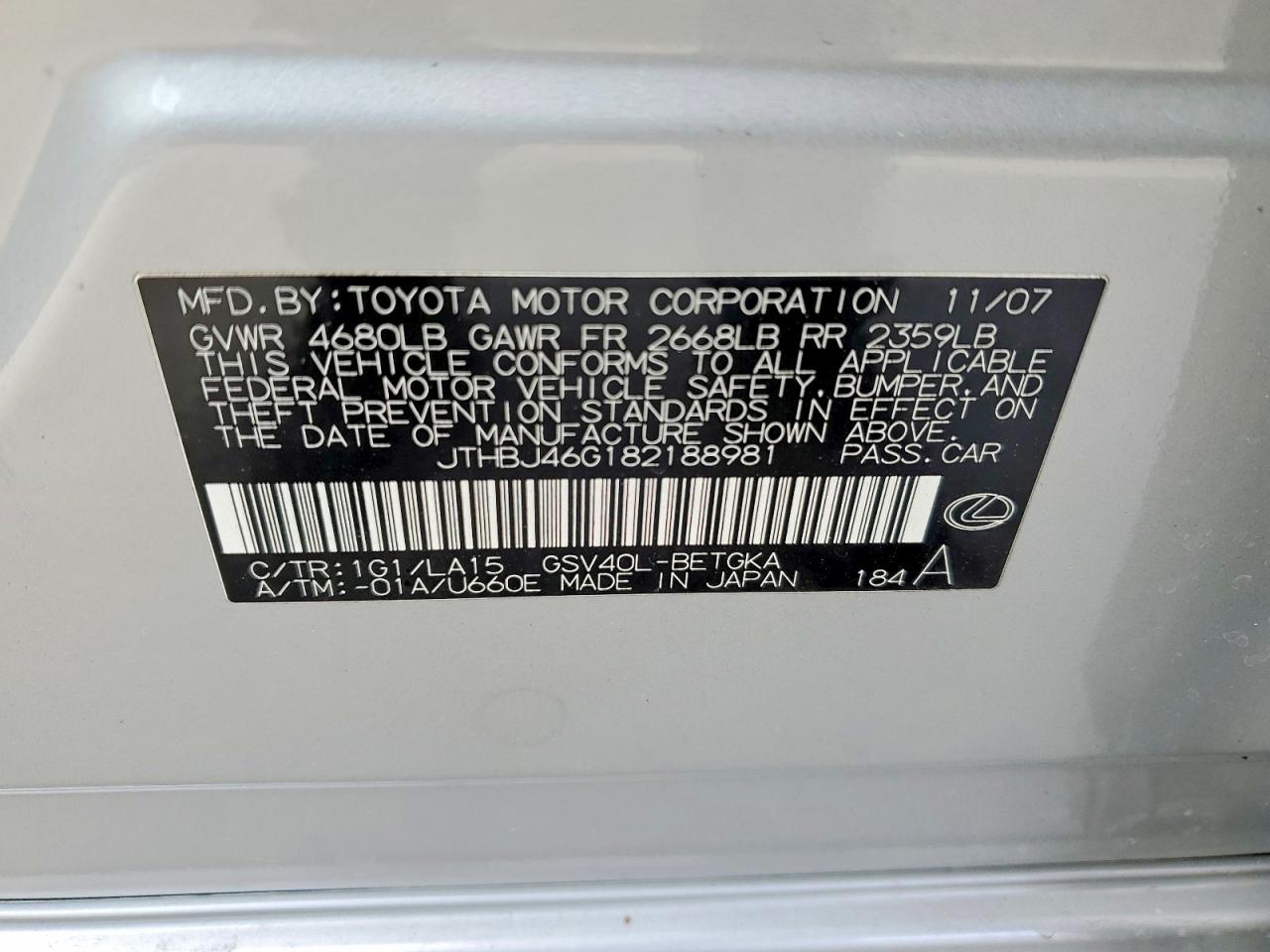 2008 Lexus Es 350 Silver vin: JTHBJ46G182188981