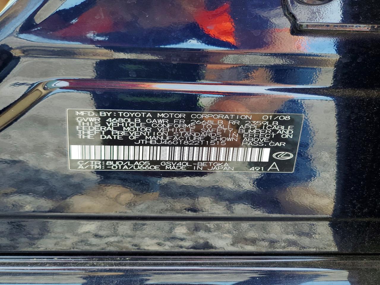 2008 Lexus Es 350 Black vin: JTHBJ46G182211515