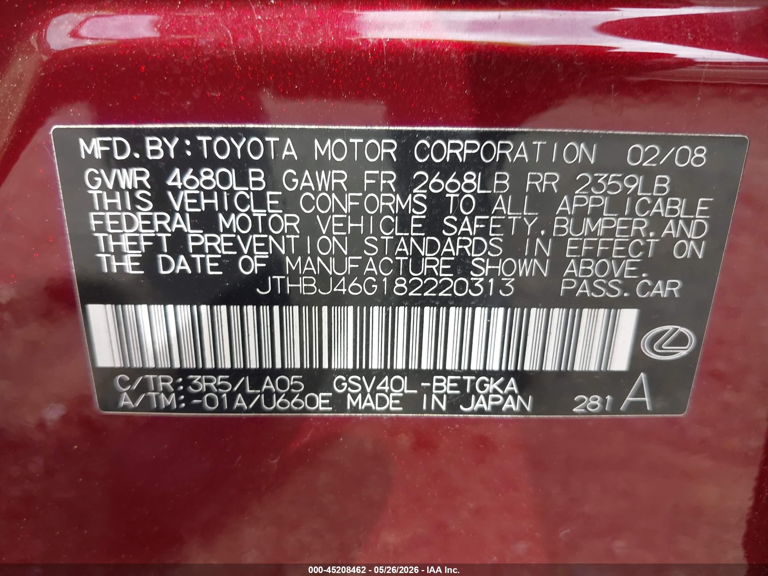 2008 Lexus Es 350   Burgundy vin: JTHBJ46G182220313
