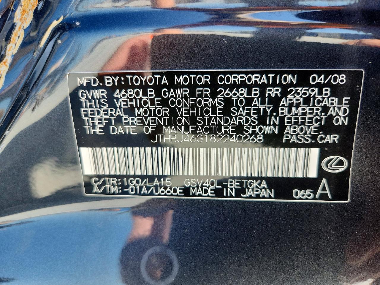 2008 Lexus Es 350 Charcoal vin: JTHBJ46G182240268