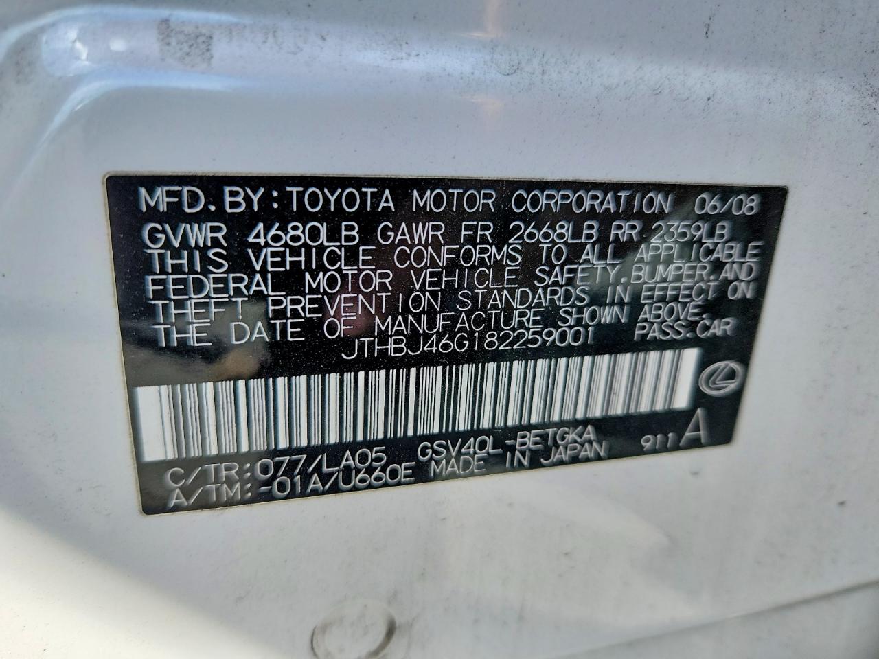 2008 Lexus Es 350 Белый vin: JTHBJ46G182259001