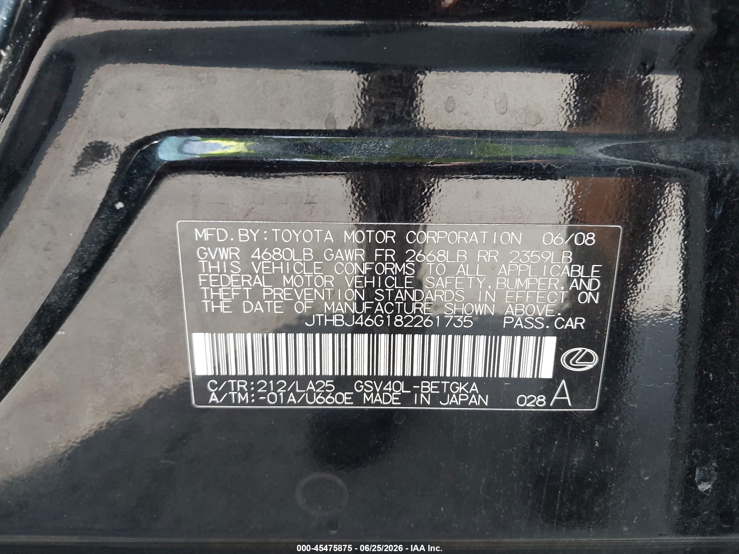 2008 Lexus Es 350   Black vin: JTHBJ46G182261735