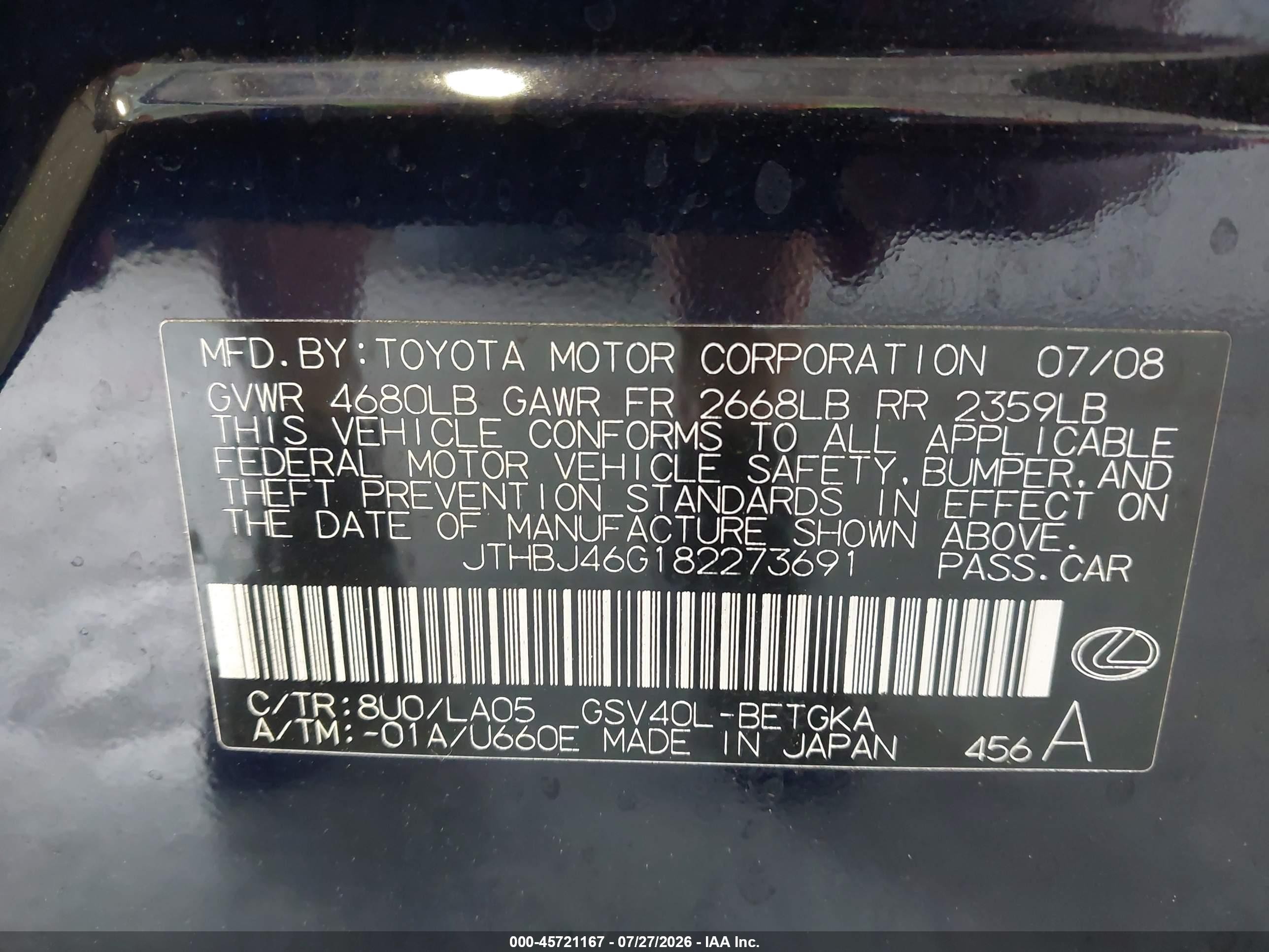 2008 Lexus Es 350   Blue vin: JTHBJ46G182273691