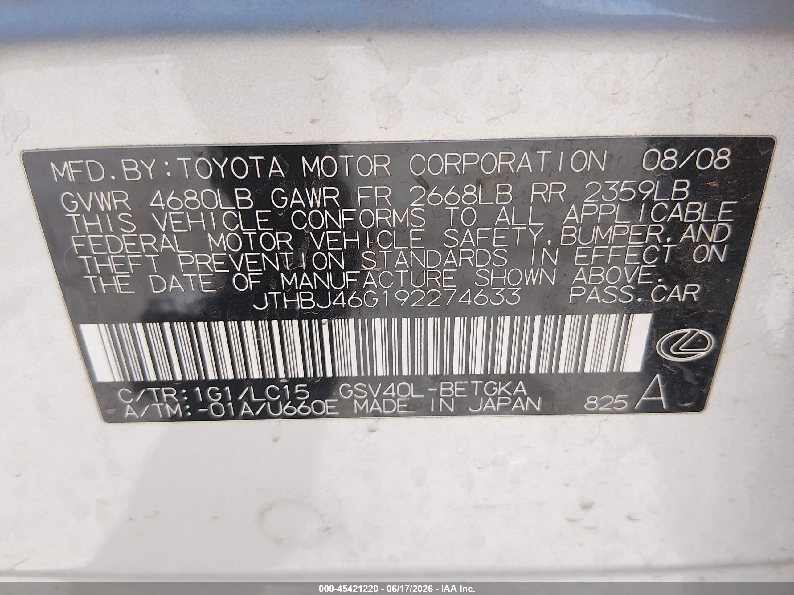2009 Lexus Es 350 Silver vin: JTHBJ46G192274633
