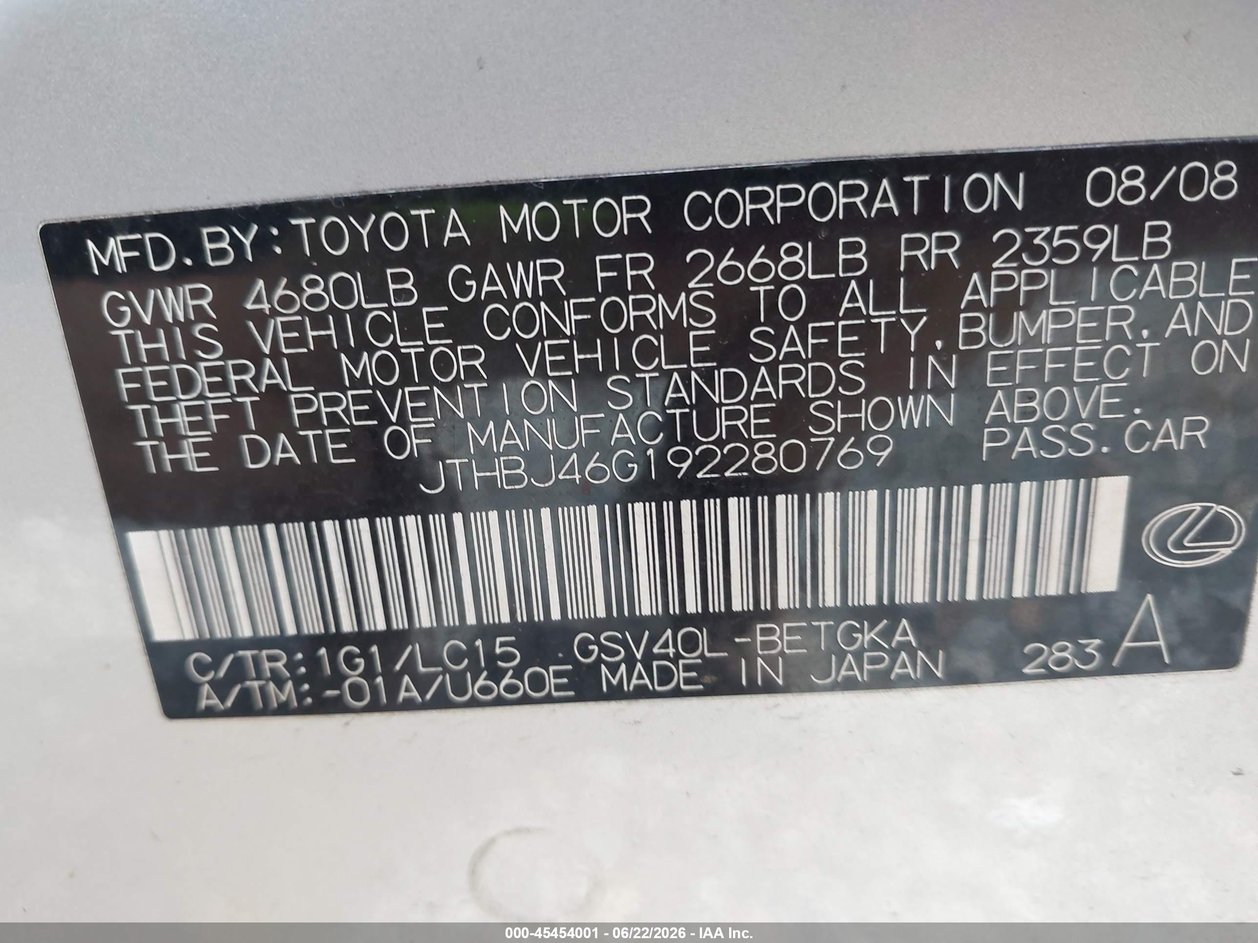 2009 Lexus Es 350   Silver vin: JTHBJ46G192280769