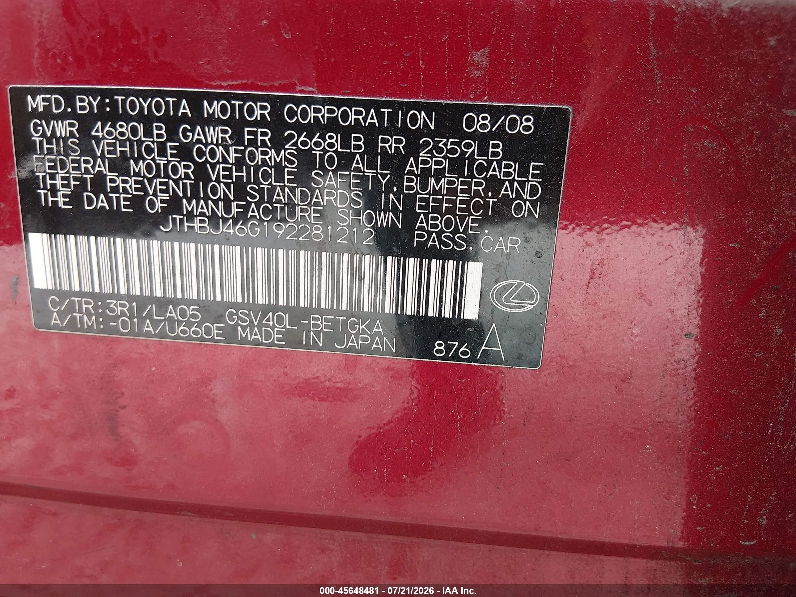 2009 Lexus Es 350   Красный vin: JTHBJ46G192281212