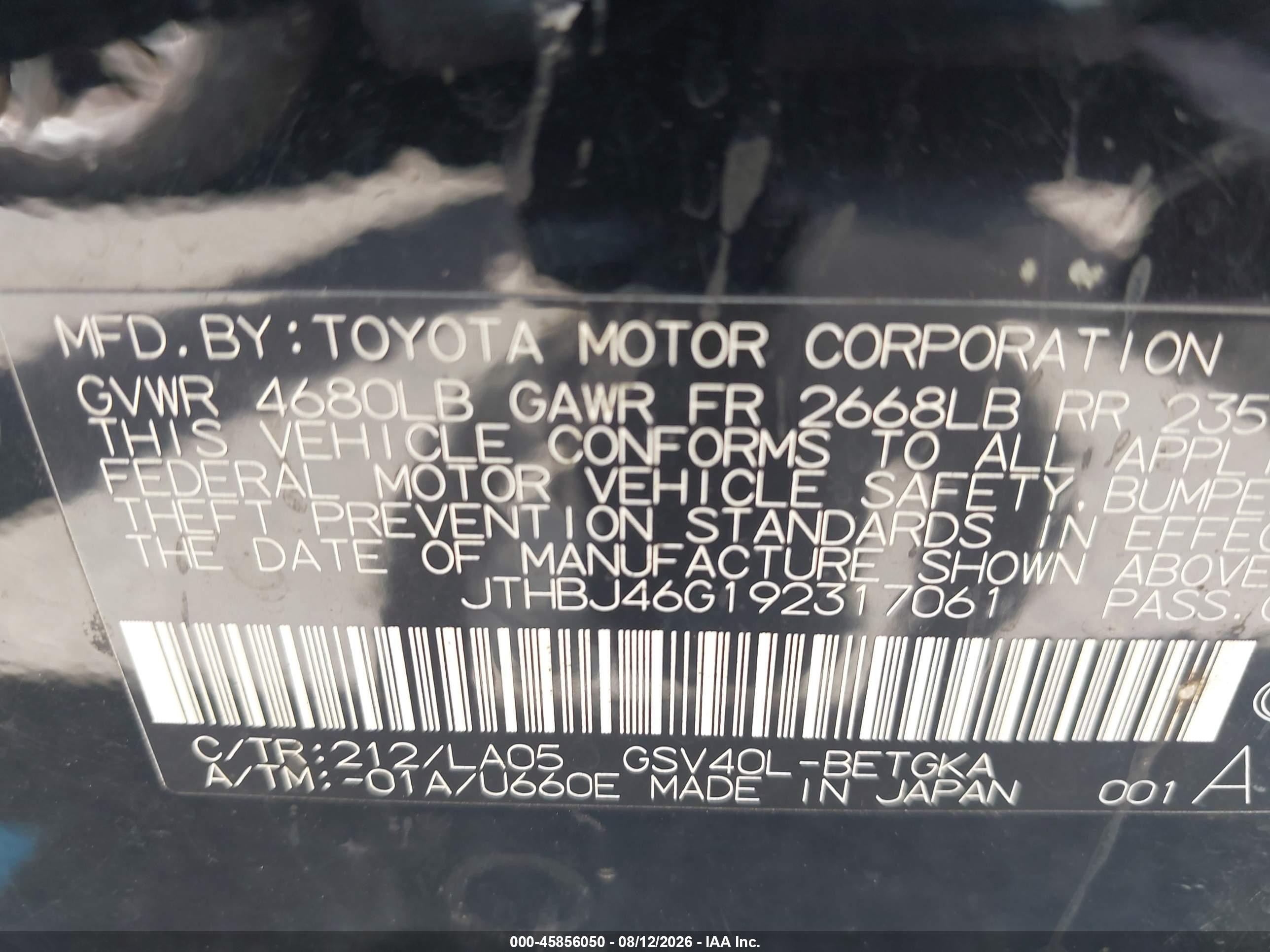 2009 Lexus Es 350   Black vin: JTHBJ46G192317061