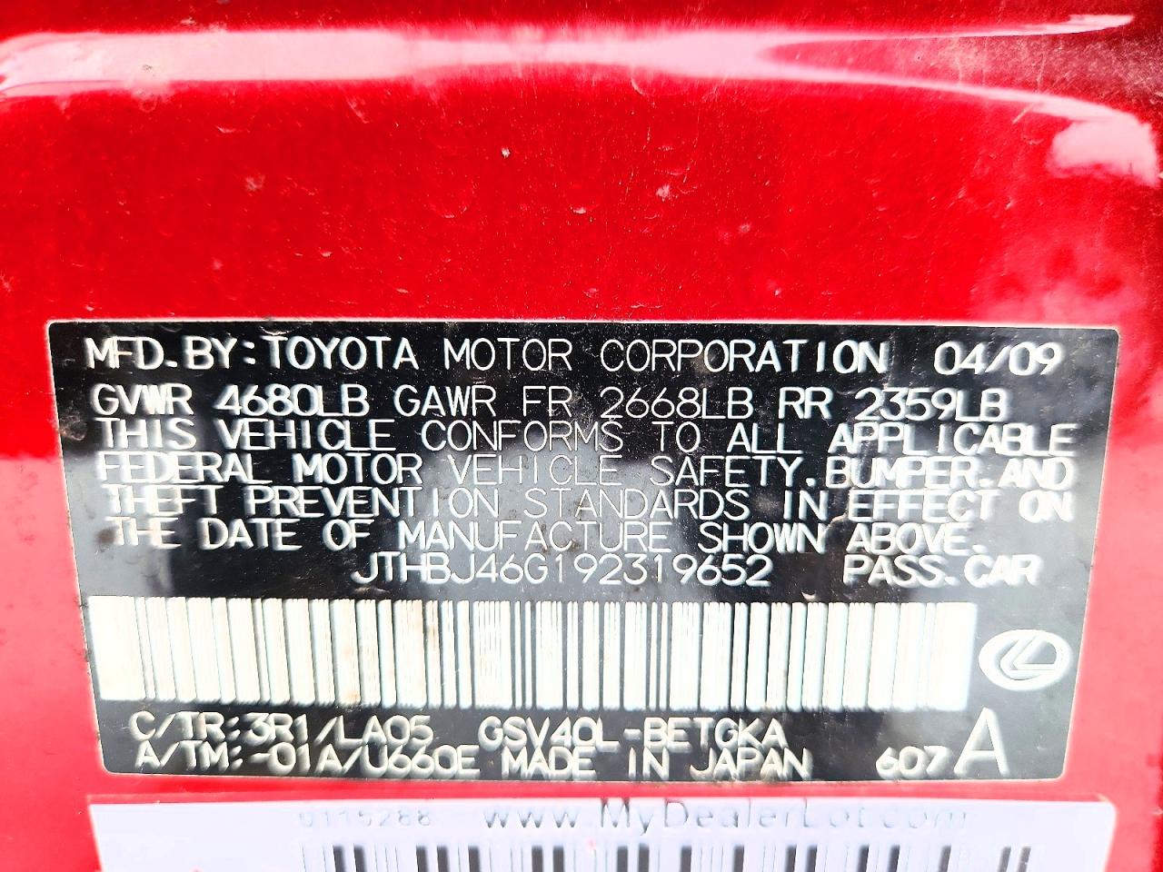 2009 Lexus Es 350 Red vin: JTHBJ46G192319652