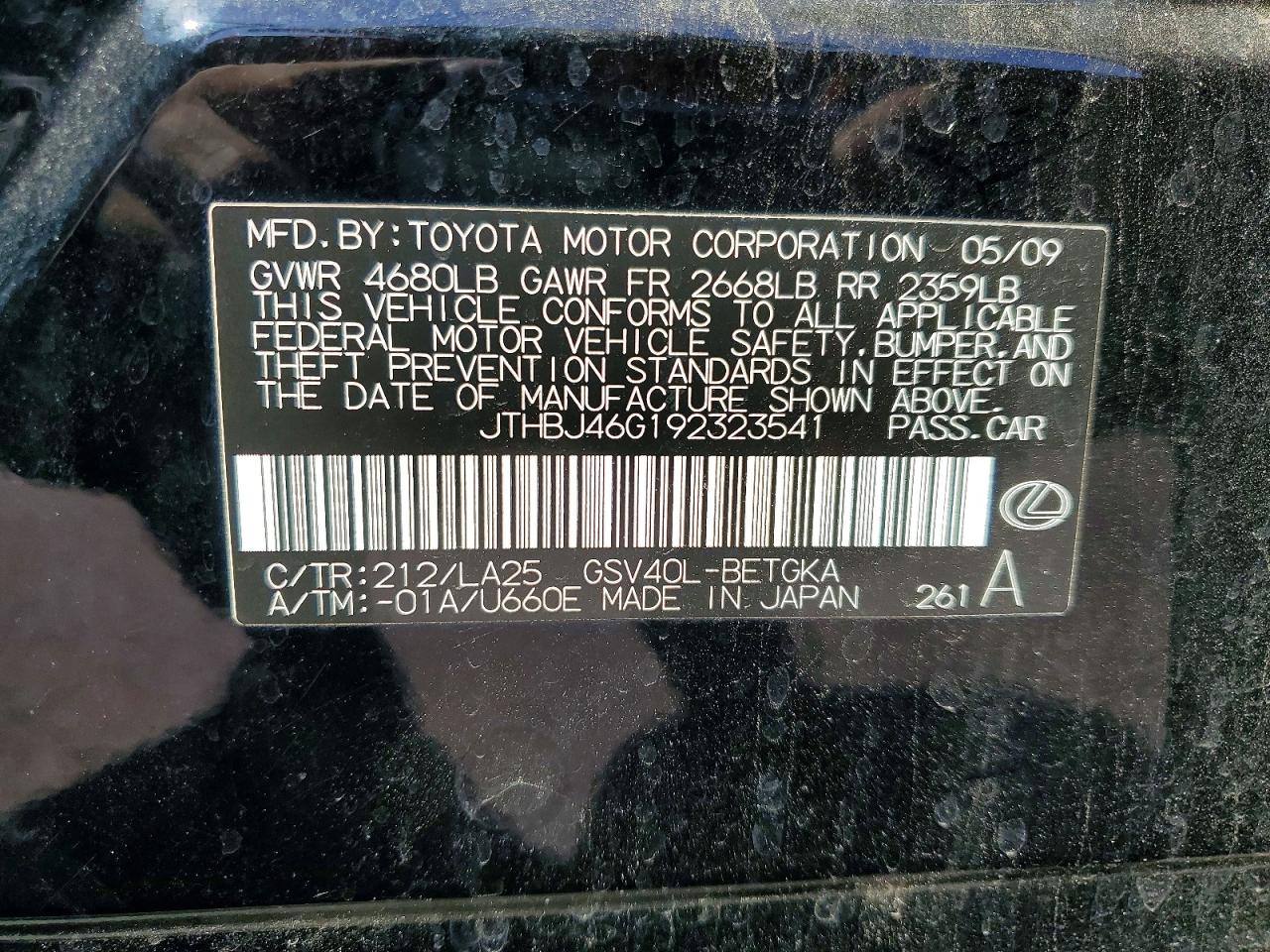 2009 Lexus Es 350 Black vin: JTHBJ46G192323541