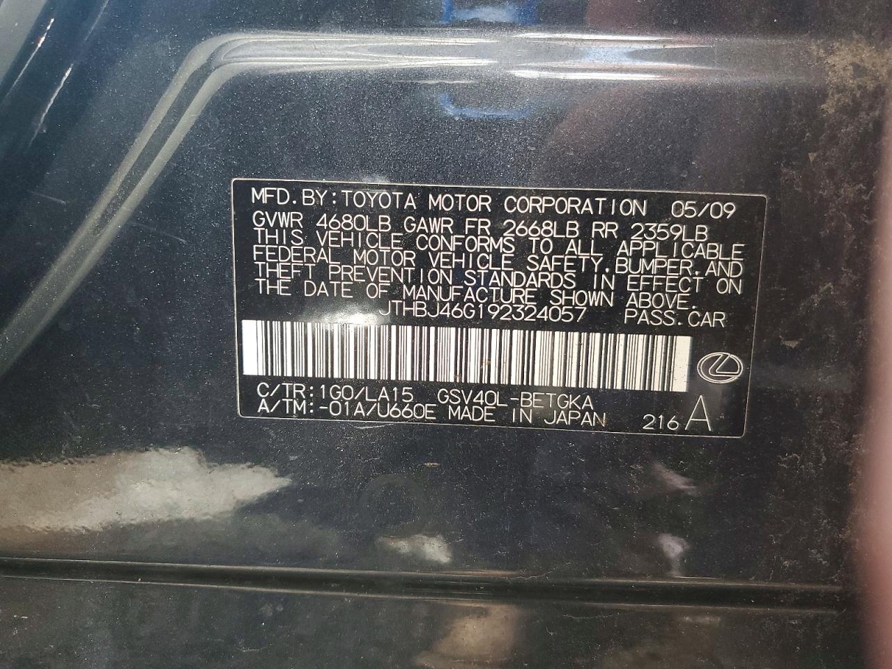 2009 Lexus Es 350 Gray vin: JTHBJ46G192324057