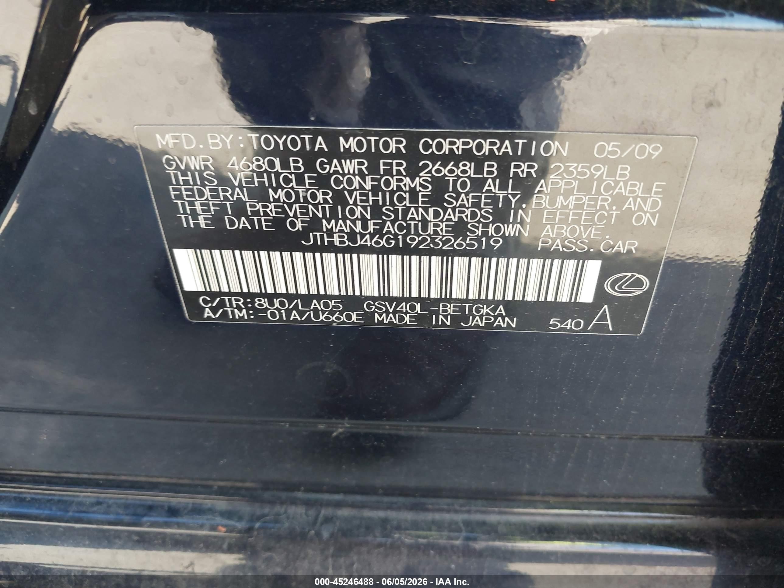 2009 Lexus Es 350   Black vin: JTHBJ46G192326519
