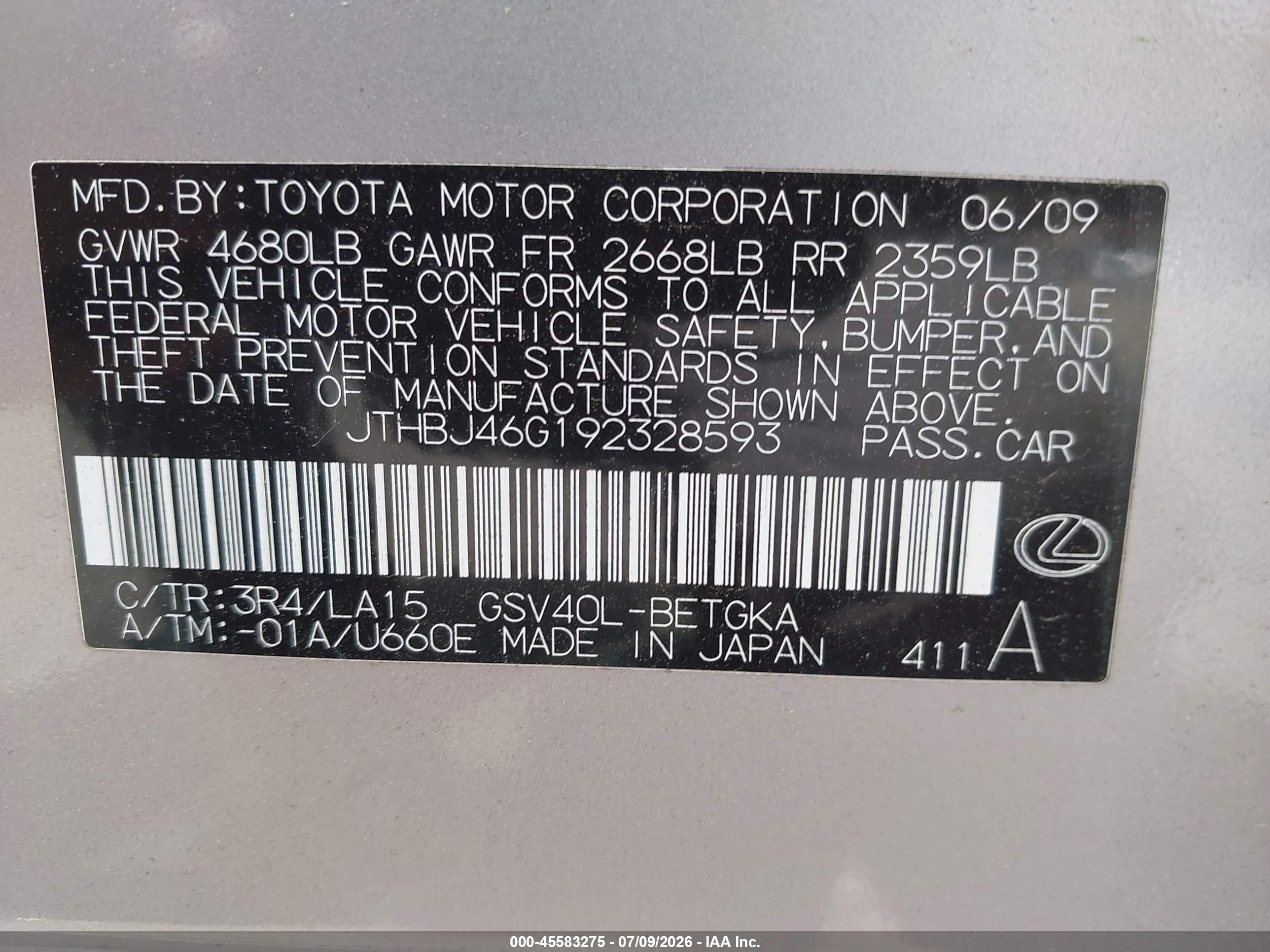 2009 Lexus Es 350   Champagne vin: JTHBJ46G192328593