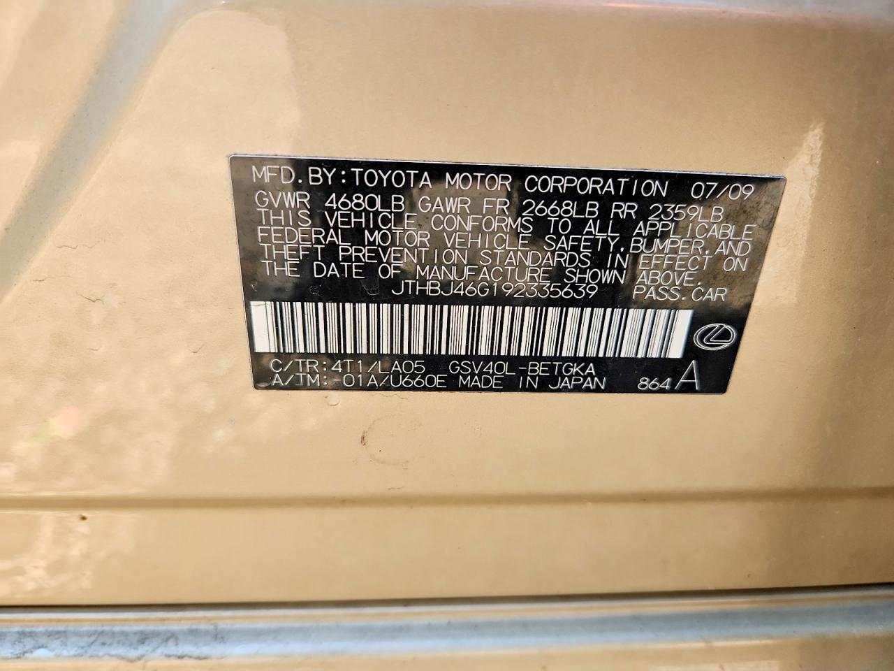 2009 Lexus Es 350 Gold vin: JTHBJ46G192335639