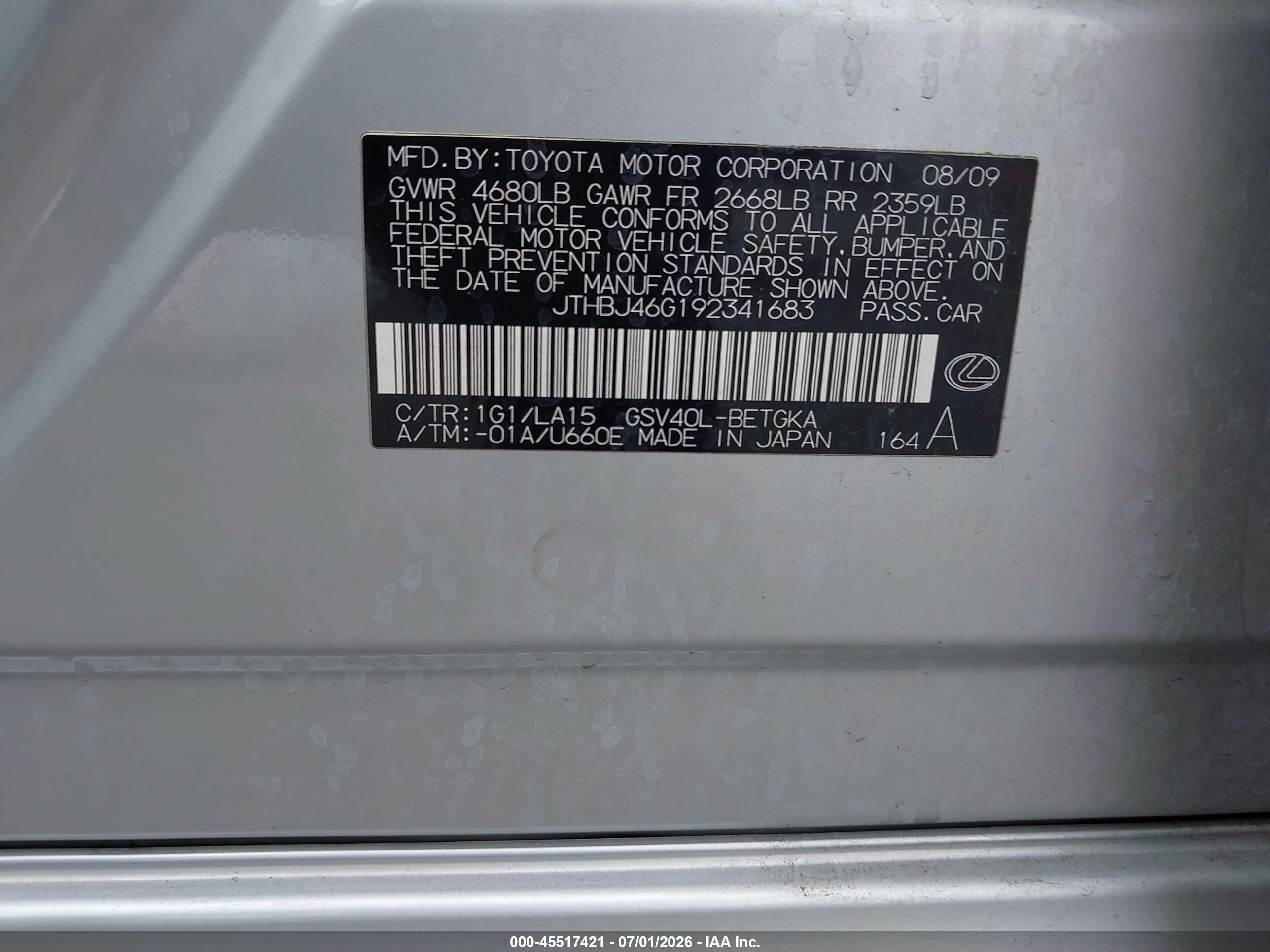 2009 Lexus Es 350   Silver vin: JTHBJ46G192341683
