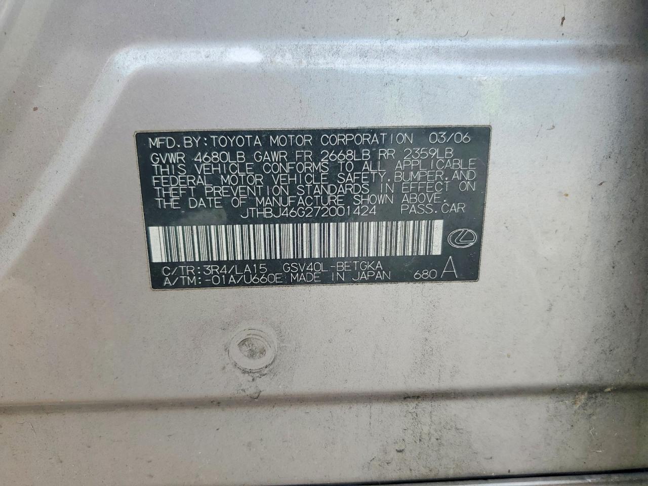 2007 Lexus Es 350 Серебряный vin: JTHBJ46G272001424